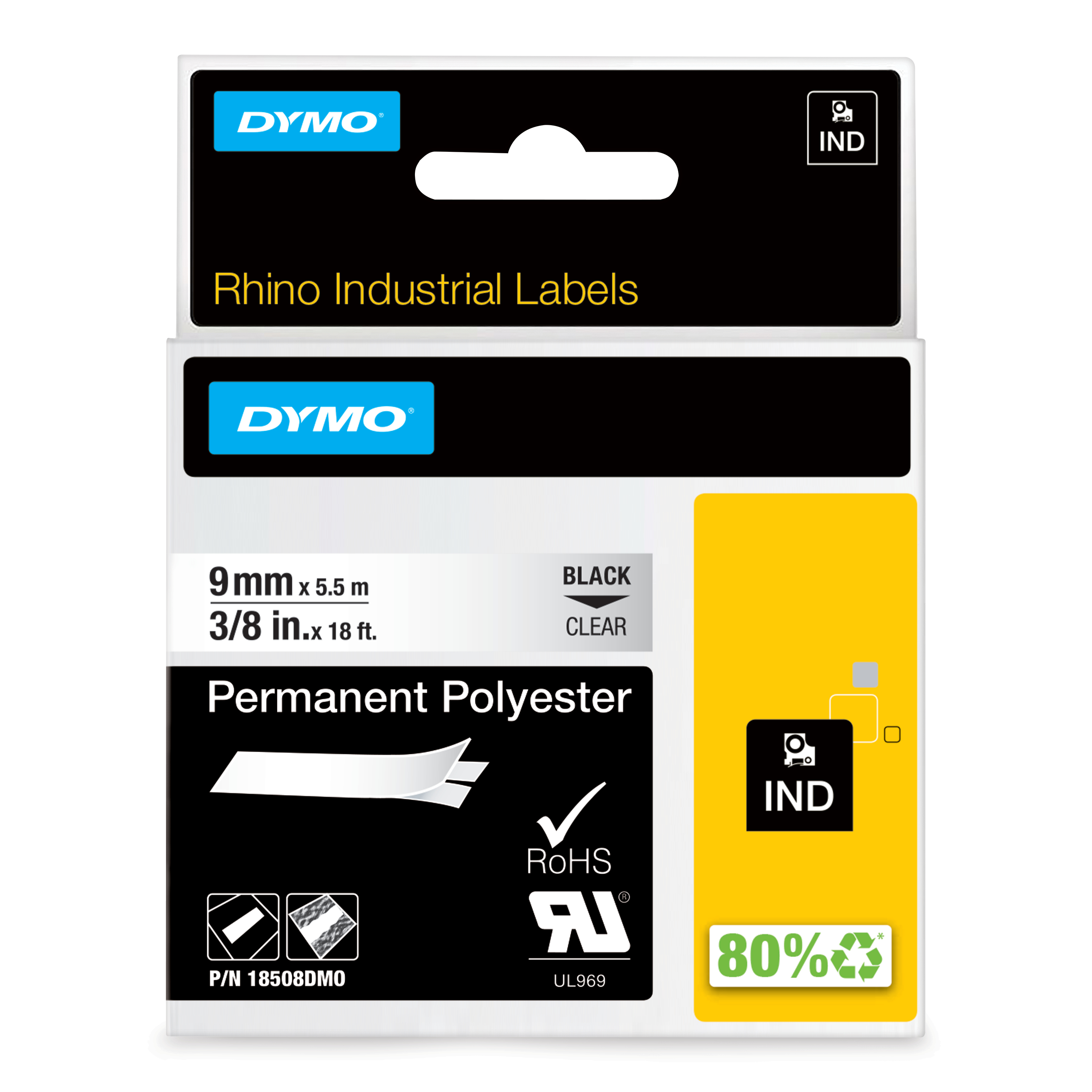 RHINO BAND IND POLYESTER 9MMX5.5M BLACK ON TRANSP.