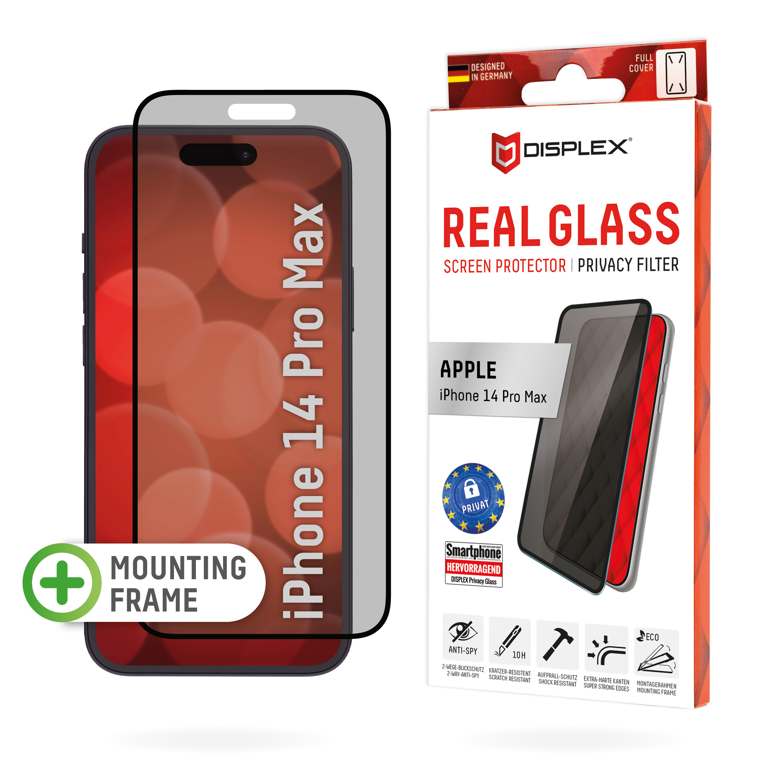 Displex Privacy Full Cover Screen Protector (10H) for Apple iPhone 14 Pro Max, Eco Mounting Frame, Privacy Filter, Tempered Glass, scratch resistant protective film, case friendly