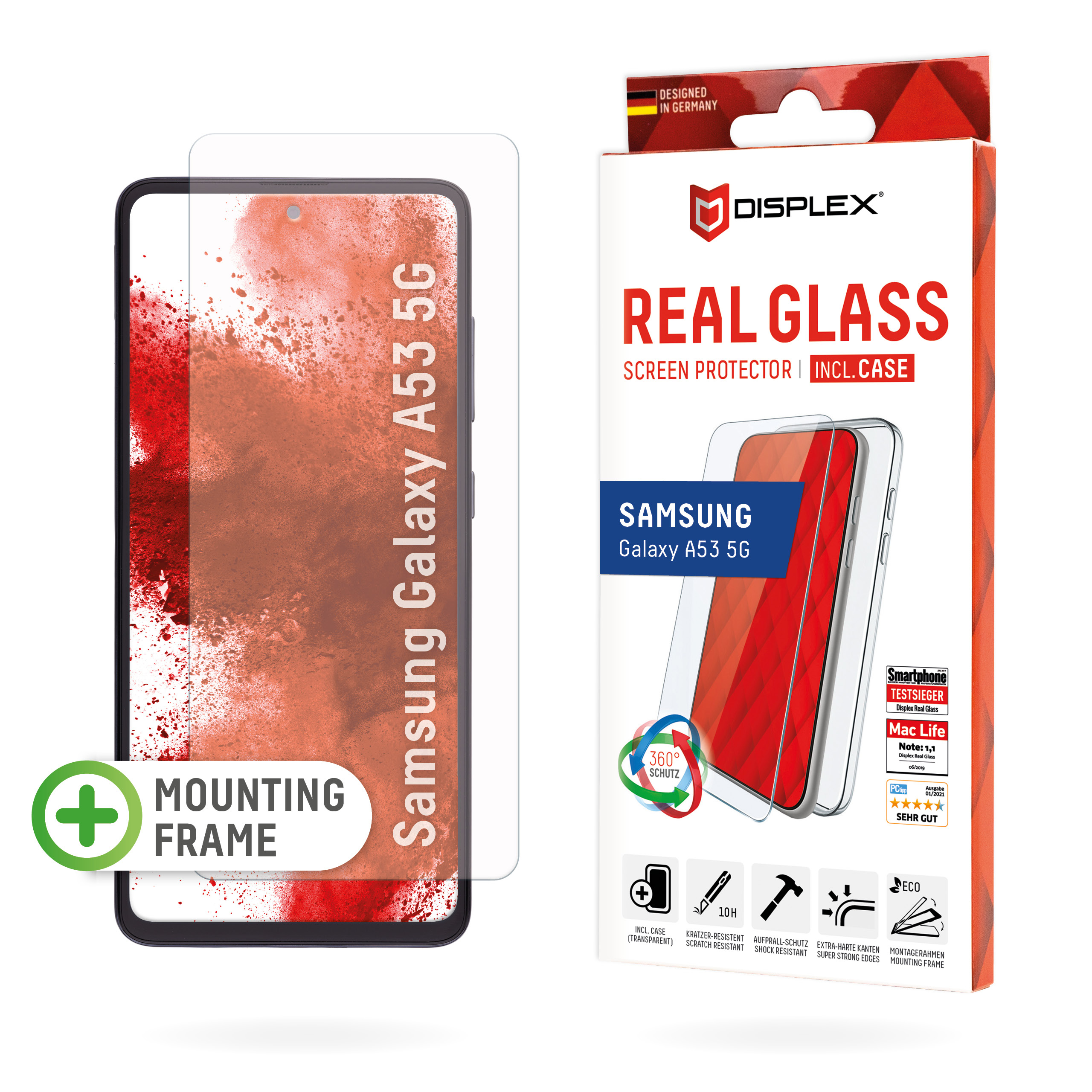 Displex Screen Protector (10H) + Case for Samsung Galaxy A53 5G, Eco Mounting Frame, + Case, Tempered Glass, scratch resistant protective film