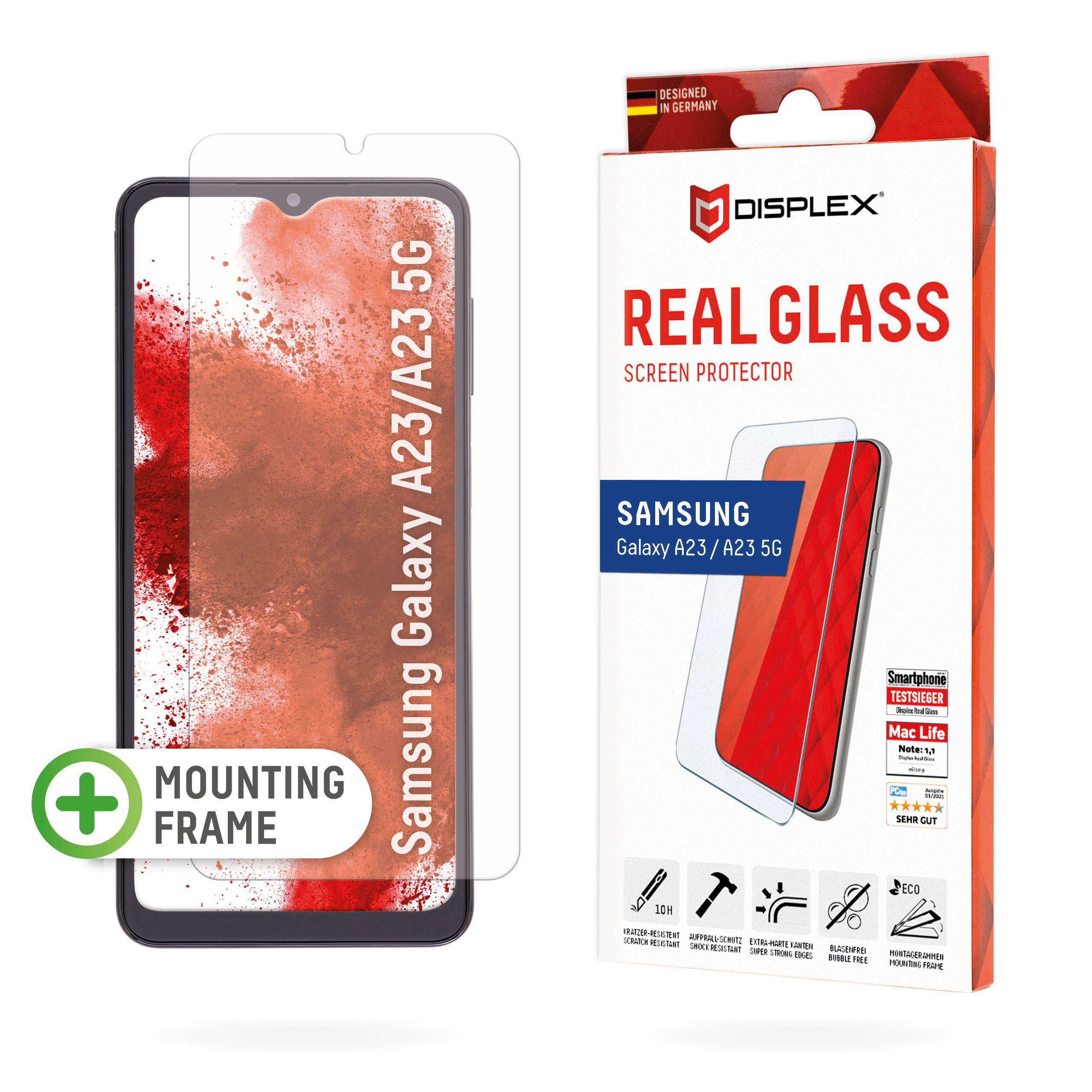 Displex Screen Protector (10H) for Samsung Galaxy A23 5G, Eco Mounting Frame, Tempered Glass, scratch resistant protective film, case friendly
