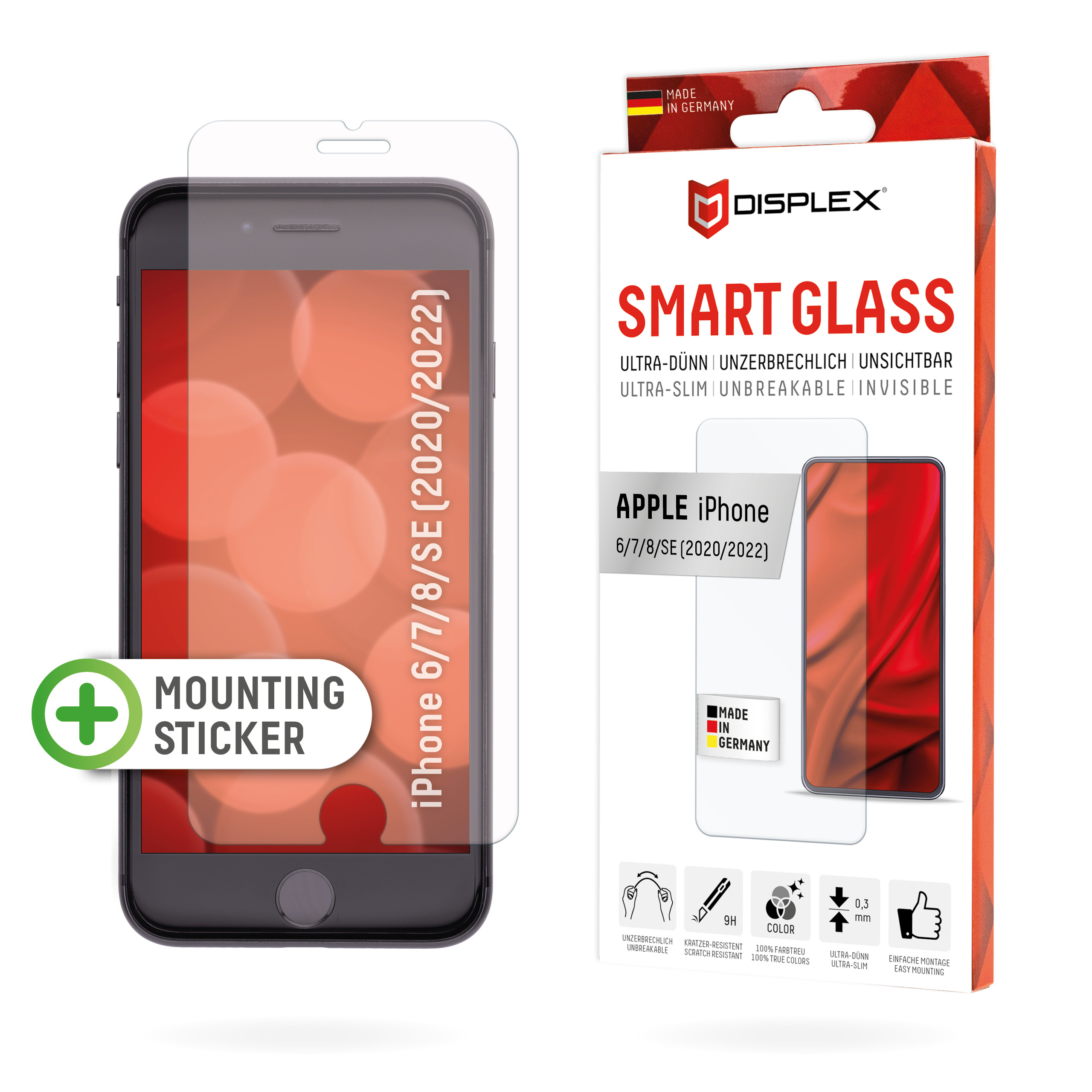 Displex Smart Glass (9H) for Apple iPhone 6/7/8/SE (2020/2022), Mounting Sticker, unbreakable, ultra-slim, invisible