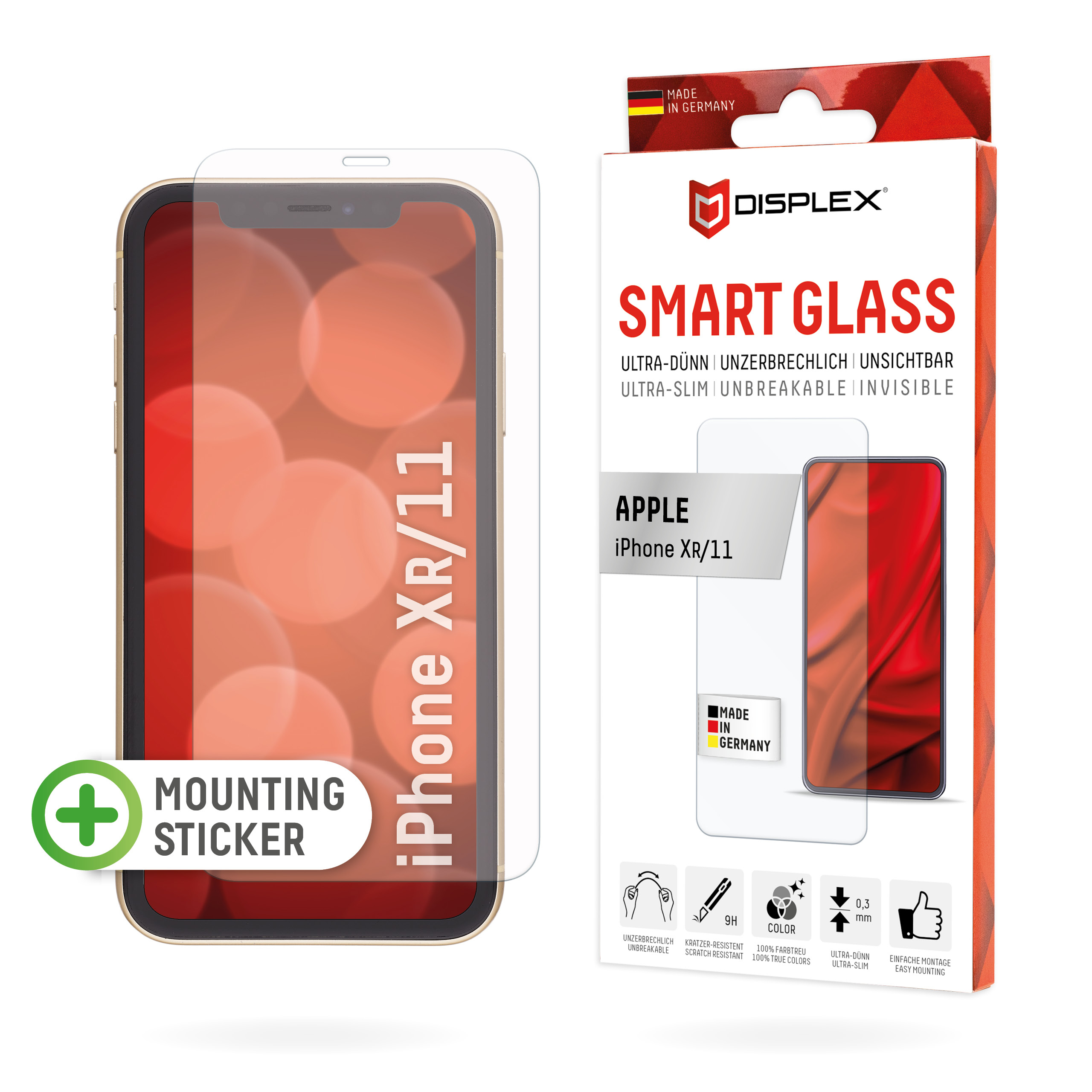 Displex Smart Glass (9H) for Apple iPhone XR/11, Mounting Sticker, unbreakable, ultra-slim, invisible