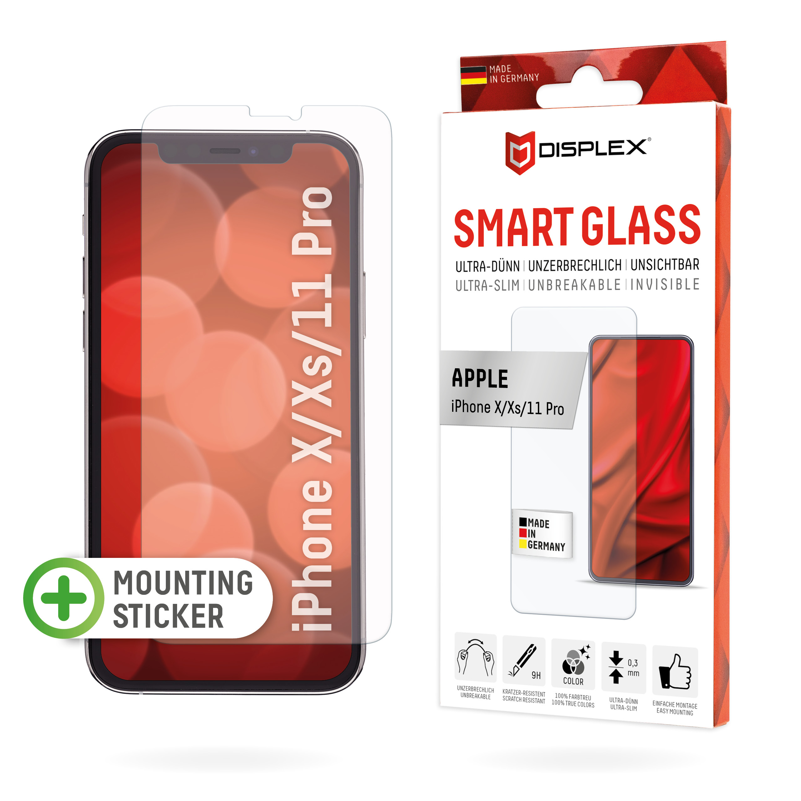 Displex Smart Glass (9H) for Apple iPhone X/XS/11 Pro, Mounting Sticker, unbreakable, ultra-slim, invisible