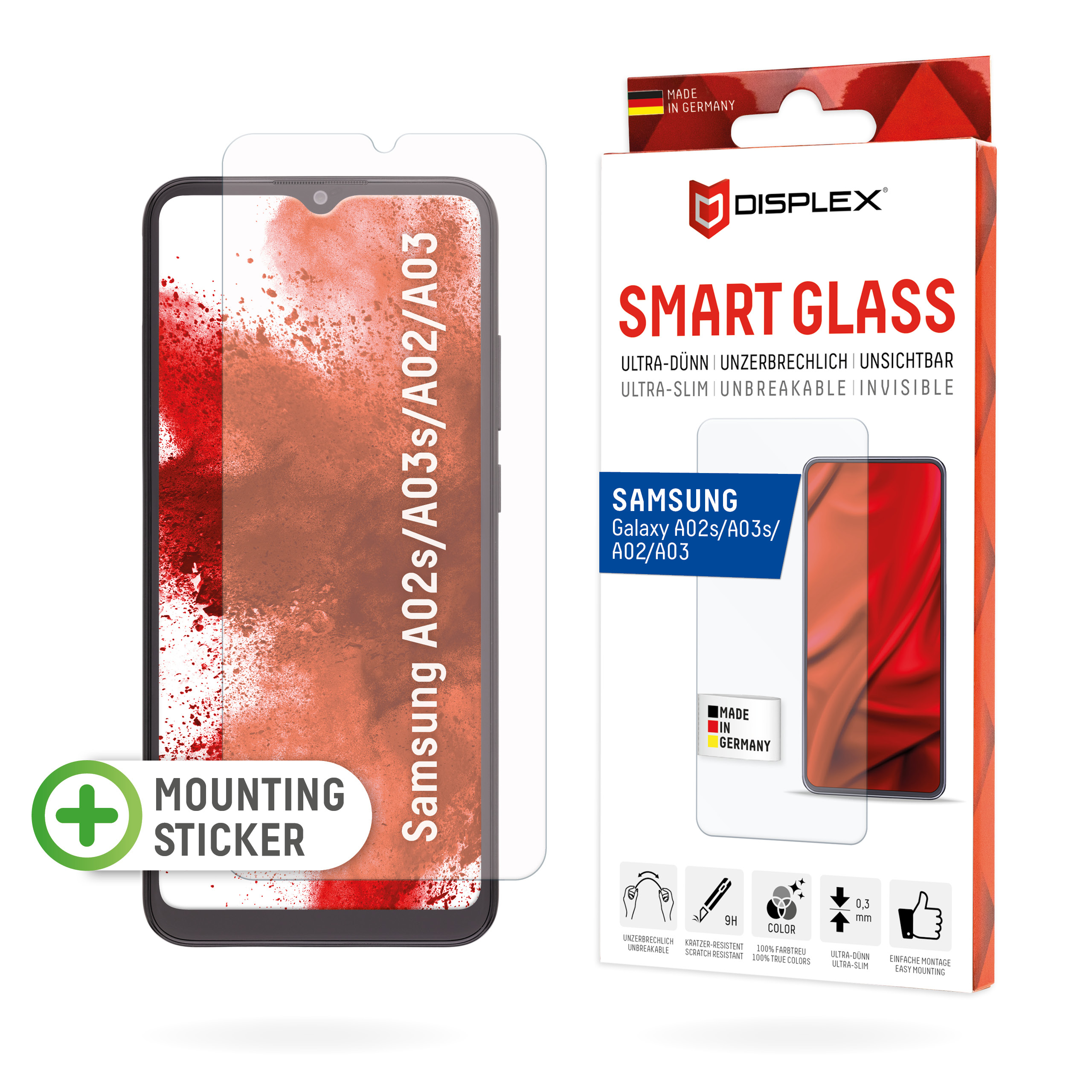 Displex Smart Glass (9H) for Samsung Galaxy A02/A02s A03/A03s, Mounting Sticker, unbreakable, ultra-slim, invisible
