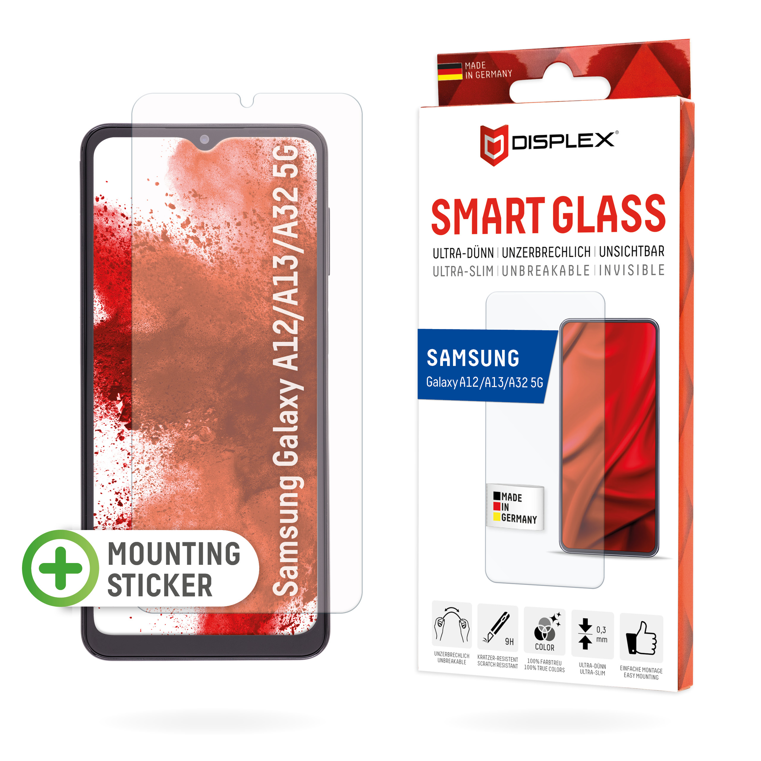 Displex Smart Glass (9H) for Samsung Galaxy A12/A13/A32 5G, Mounting Sticker, unbreakable, ultra-slim, invisible