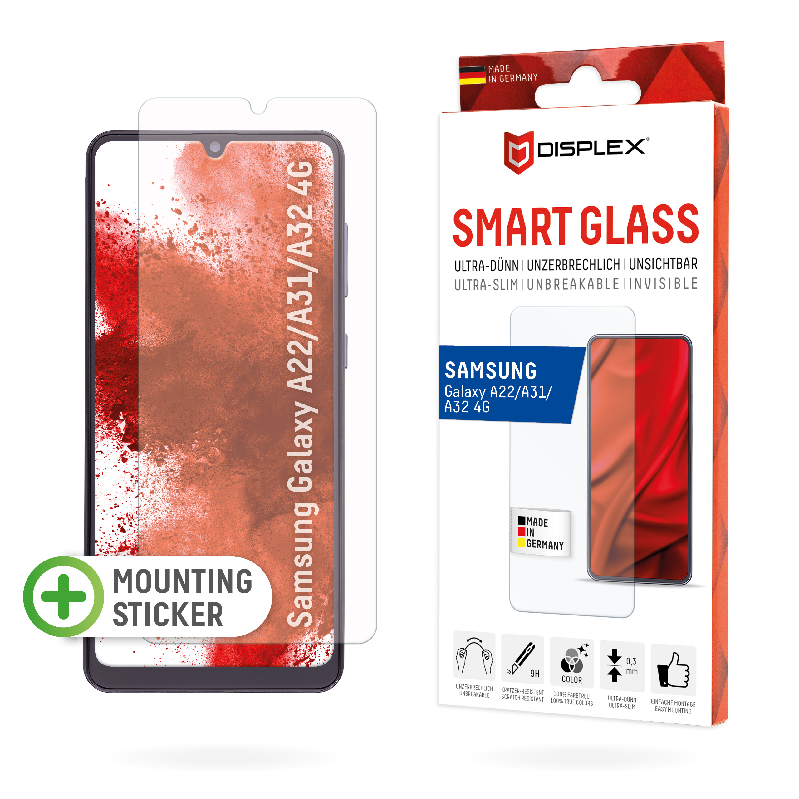 Displex Smart Glass (9H) for Samsung Galaxy A22/A31/A32 4G, Mounting Sticker, unbreakable, ultra-slim, invisible