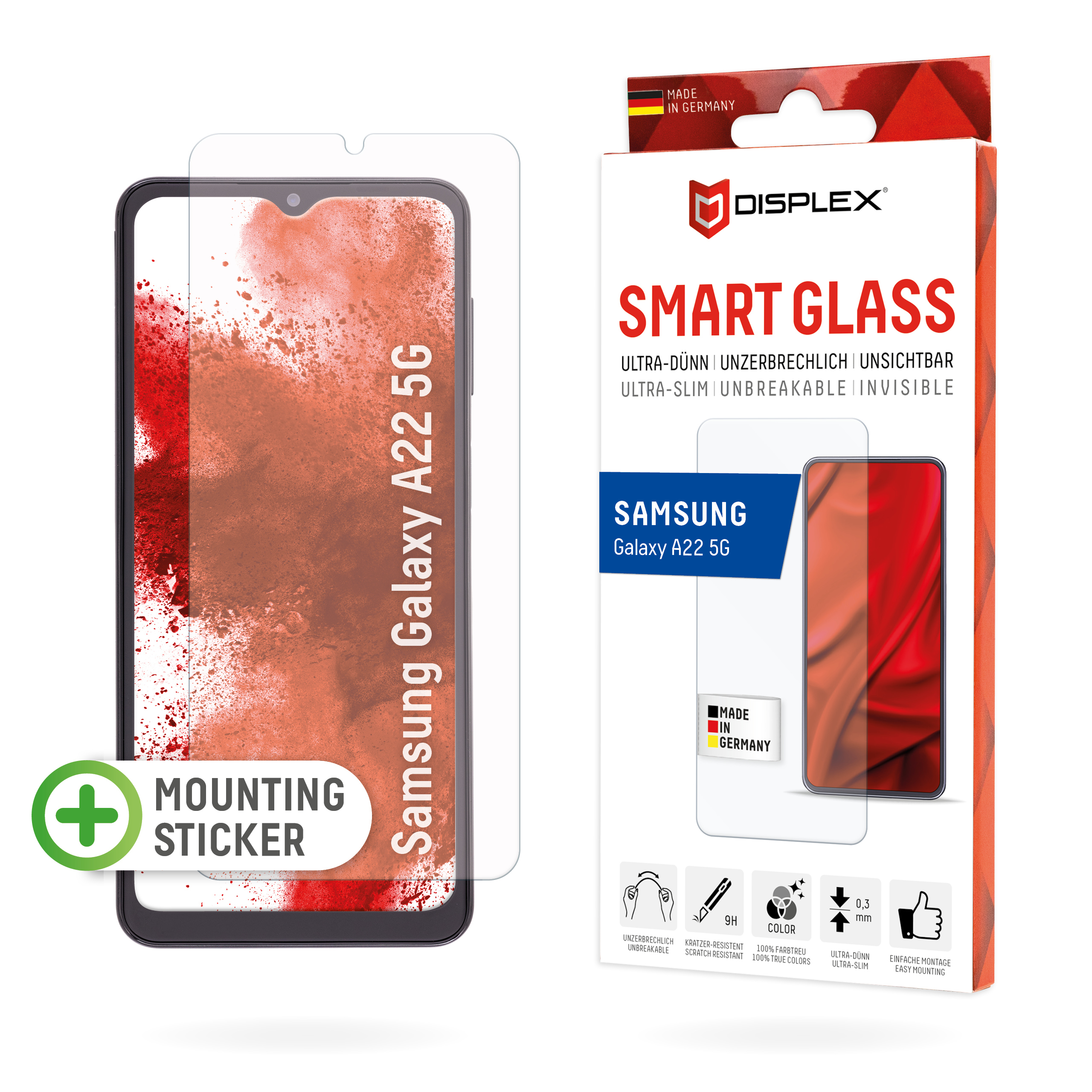 Displex Smart Glass (9H) for Samsung Galaxy A22 5G, Mounting Sticker, unbreakable, ultra-slim, invisible