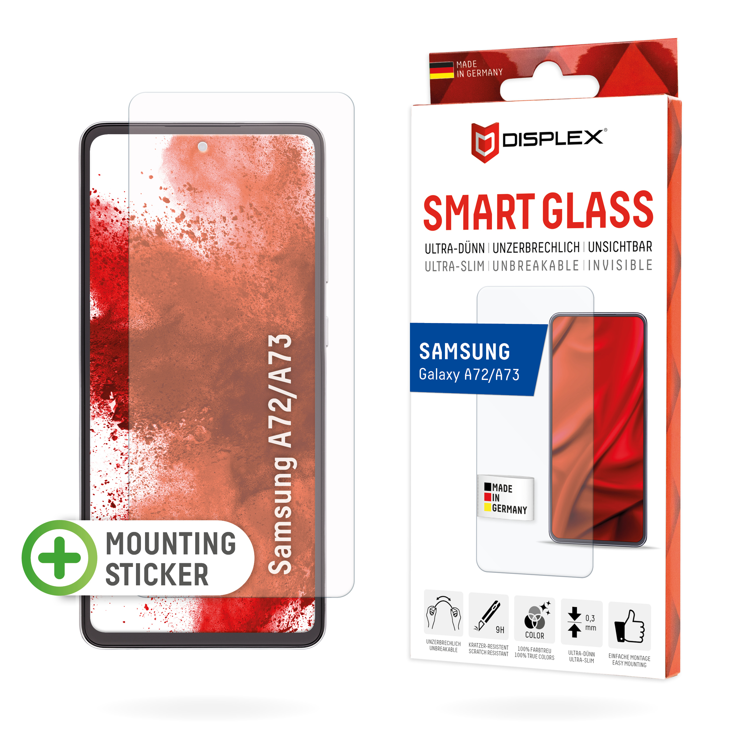 Displex Smart Glass (9H) for Samsung Galaxy A72/A73, Mounting Sticker, unbreakable, ultra-slim, invisible
