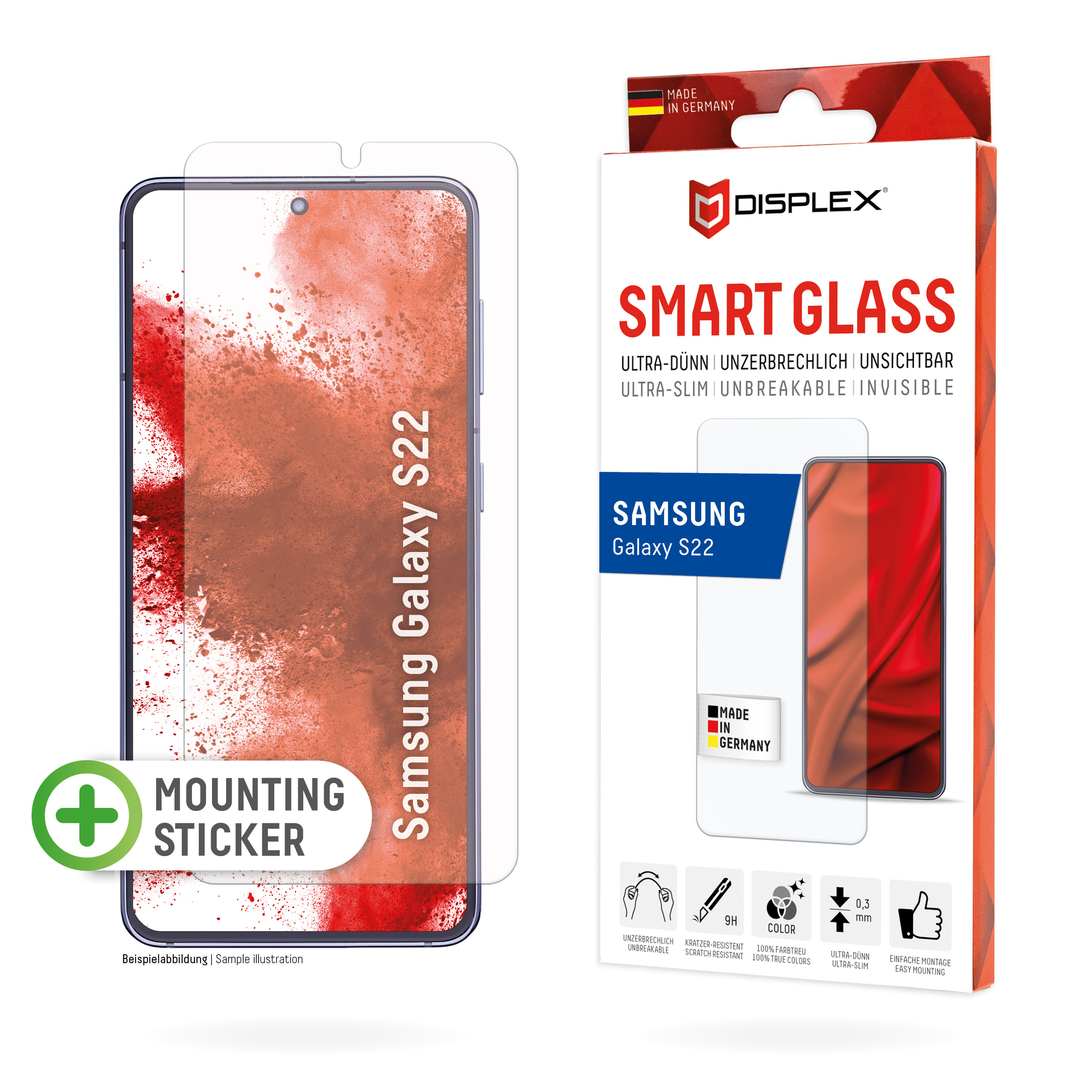 Displex Smart Glass (9H) for Samsung Galaxy S22, Mounting Sticker, unbreakable, ultra-slim, invisible