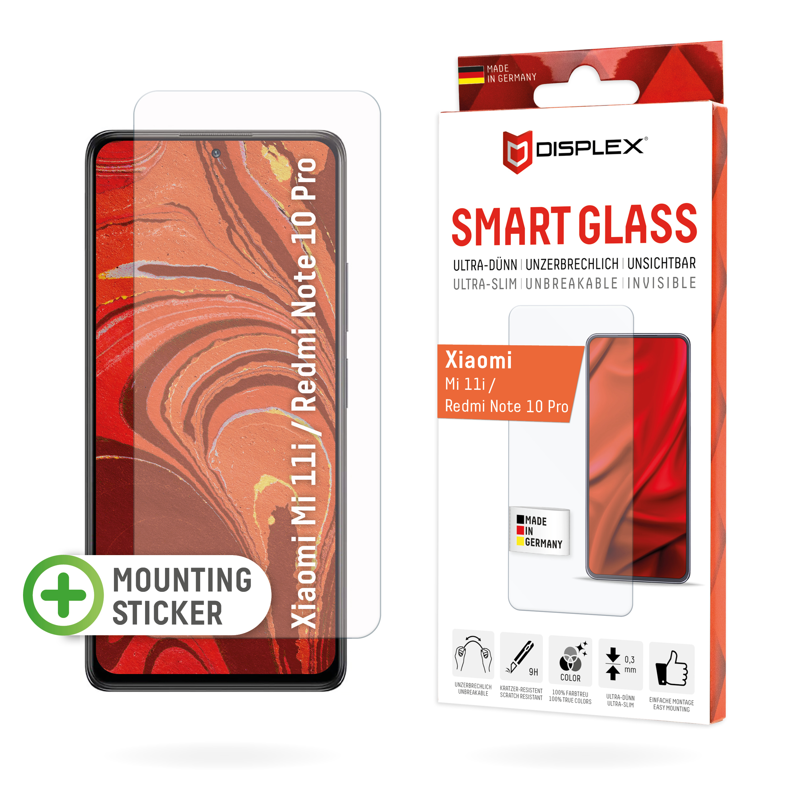 Displex Smart Glass (9H) for Xiaomi Mi 11i/Redmi Note 10 Pro, Mounting Sticker, unbreakable, ultra-slim, invisible