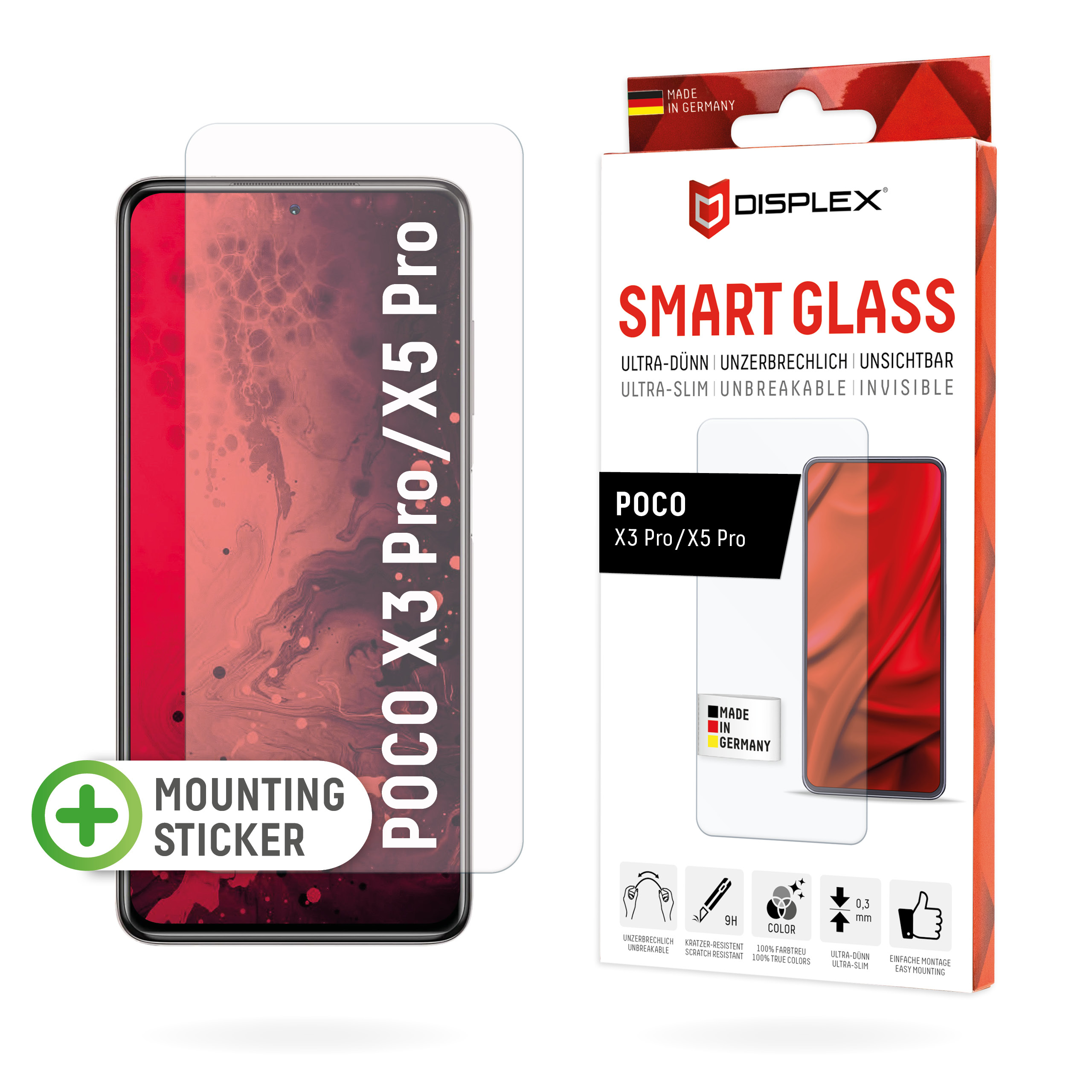 Displex Smart Glass (9H) for X3 Pro/X5 Pro, Mounting Sticker, unbreakable, ultra-slim, invisible