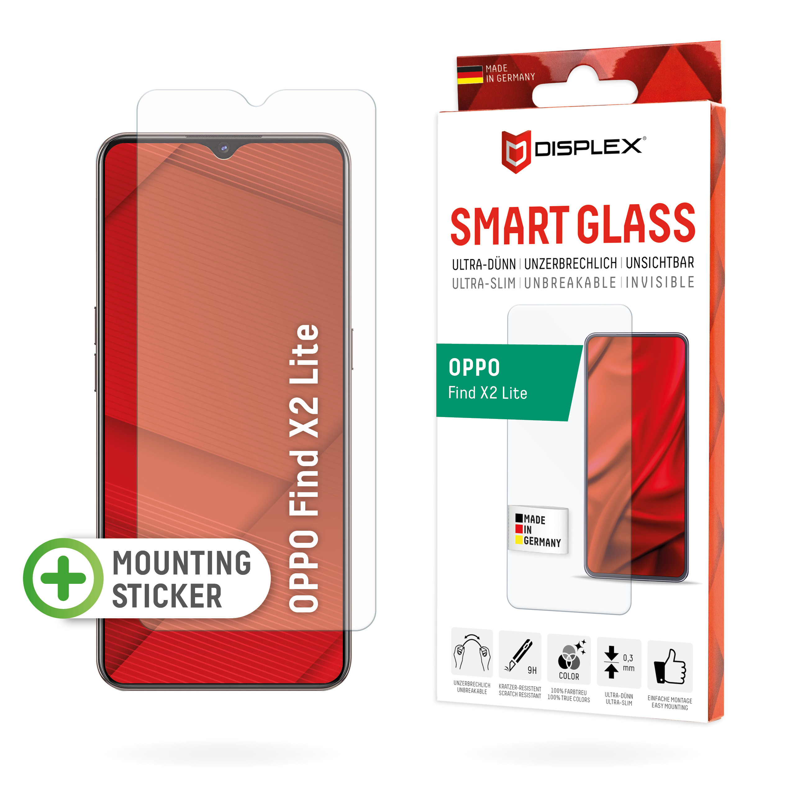 Displex Smart Glass (9H) for Find X2 Lite, Mounting Sticker, unbreakable, ultra-slim, invisible