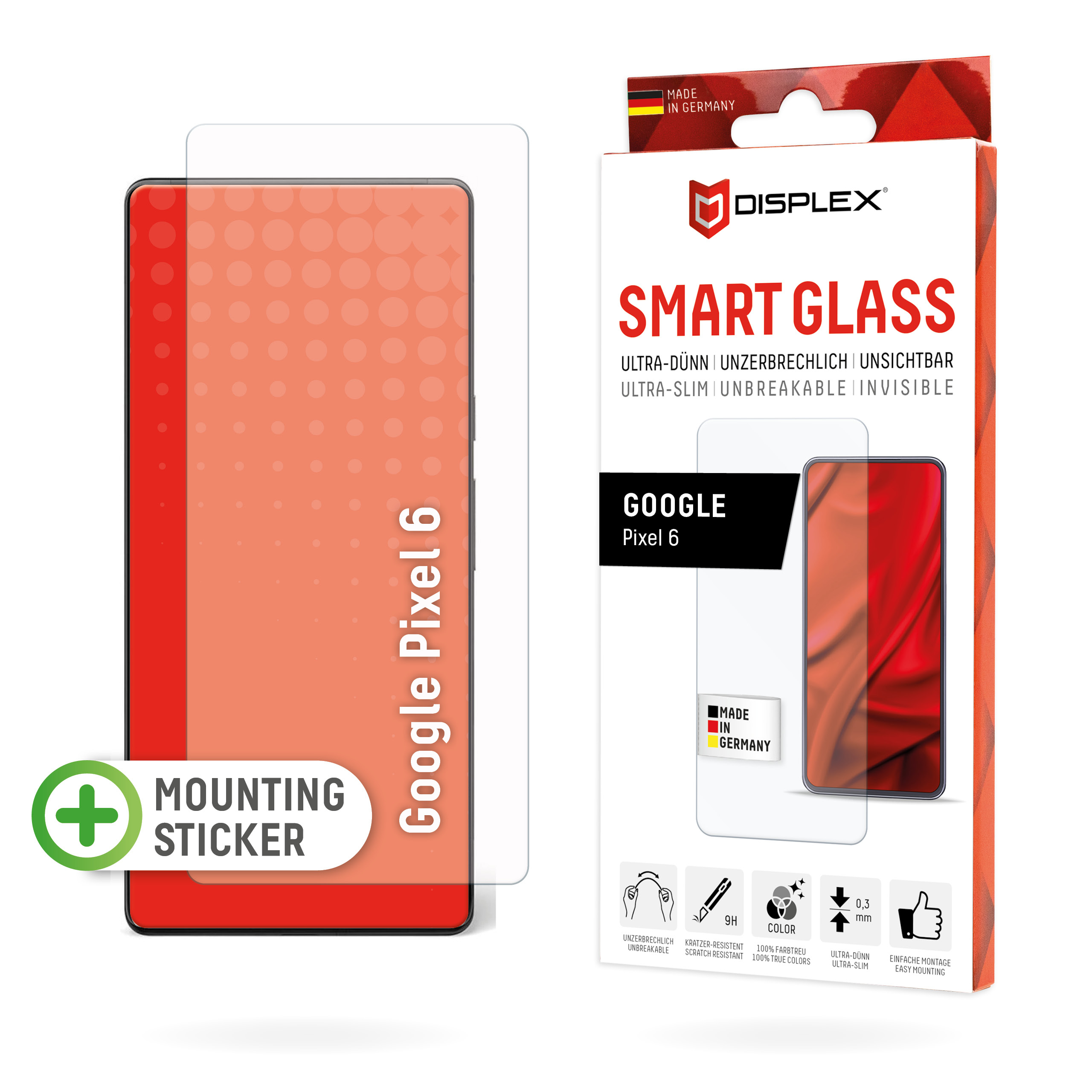 Displex Smart Glass (9H) for Pixel 6, Mounting Sticker, unbreakable, ultra-slim, invisible