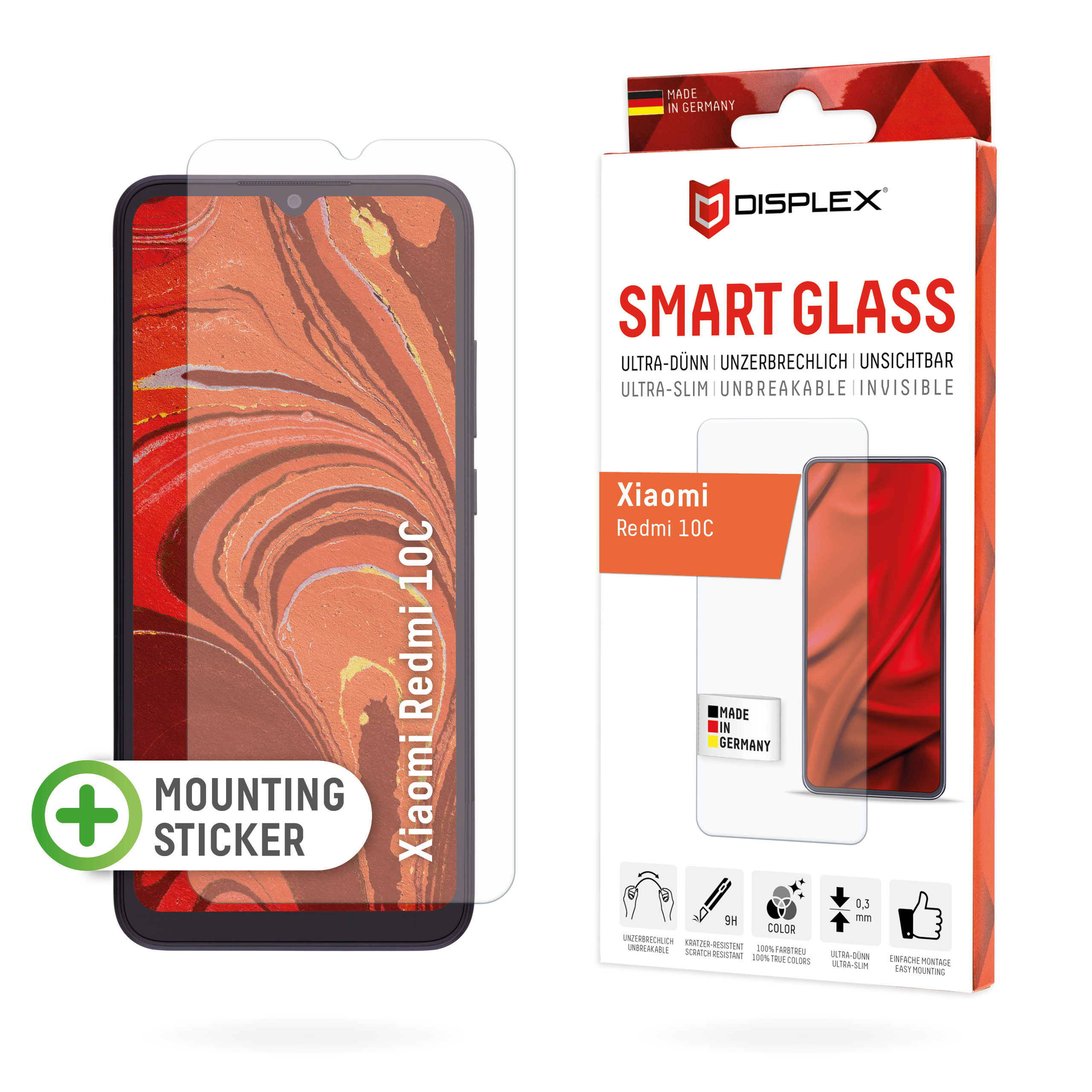 Displex Smart Glass (9H) for Xiaomi Redmi 10C, Mounting Sticker, unbreakable, ultra-slim, invisible