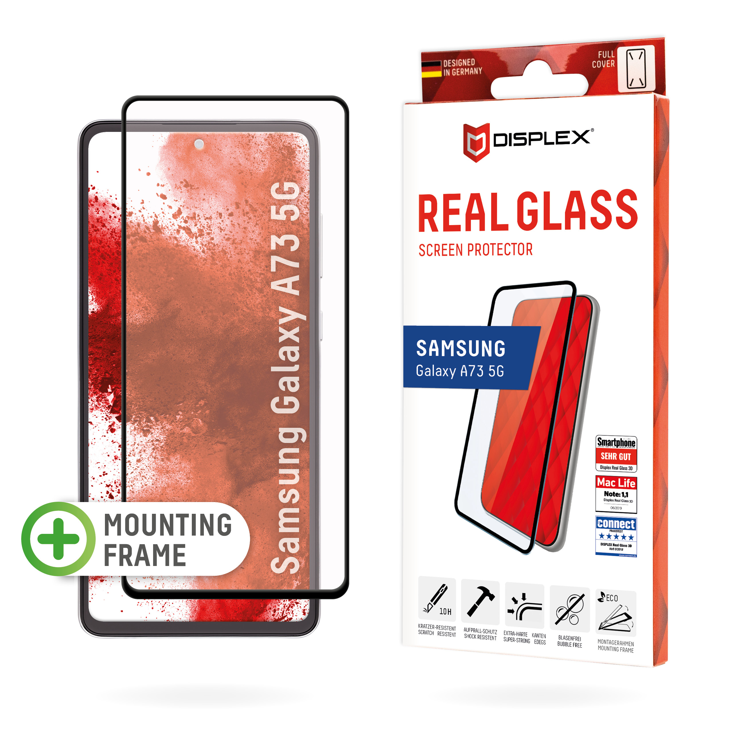 Displex Full Cover Screen Protector (10H) for Samsung Galaxy A73 5G, Eco Mounting Frame, full screen coverage, Tempered Glass, scratch resistant protective film, case friendly