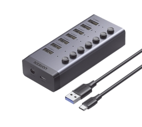 30778 HUB de 7 Puertos USB 30 / 4 puertos de Carga Inteligente / Interruptor Individual / Indicadores LED / USB 30 a 5Gbps / 1 USB-C Hembra solo datos / Incluye Adaptador de Corriente 12V 2A / 7 en 1 30778