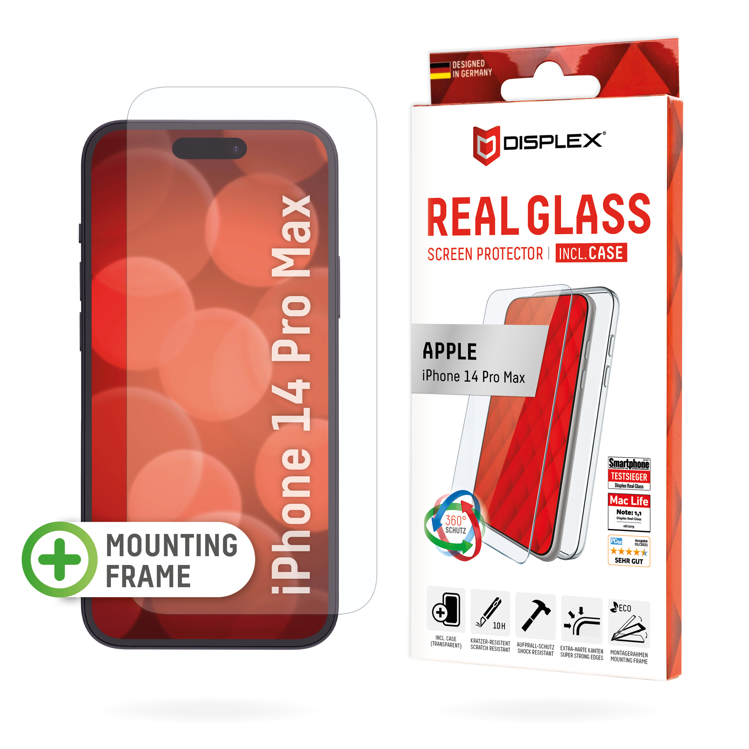 Displex Screen Protector (10H) + Case for Apple iPhone 14 Pro Max, Eco Mounting Frame, + Case, Tempered Glass, scratch resistant protective film