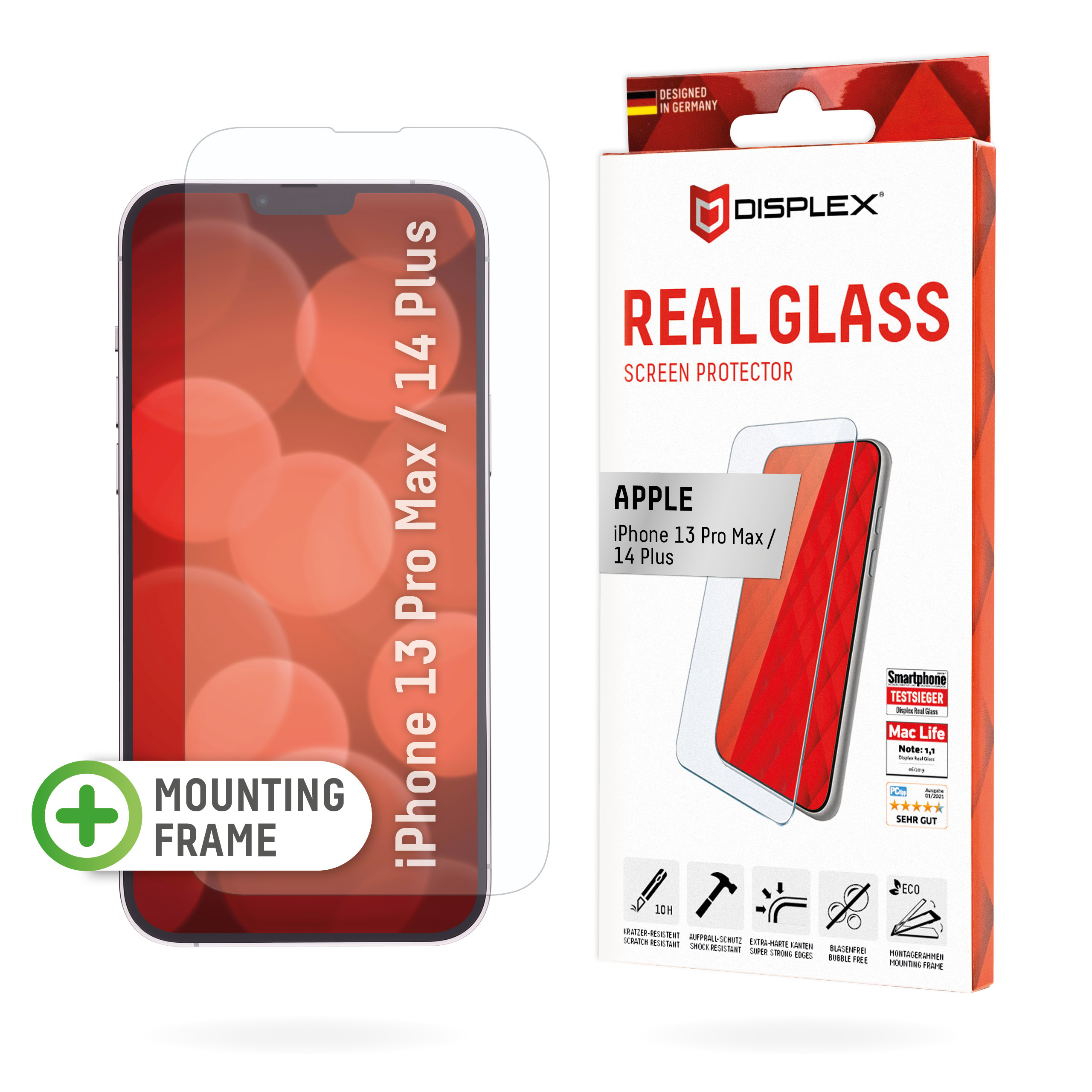 Displex Screen Protector (10H) for Apple iPhone 13 Pro Max/14 Plus, Eco Mounting Frame, Tempered Glass, scratch resistant protective film, case friendly