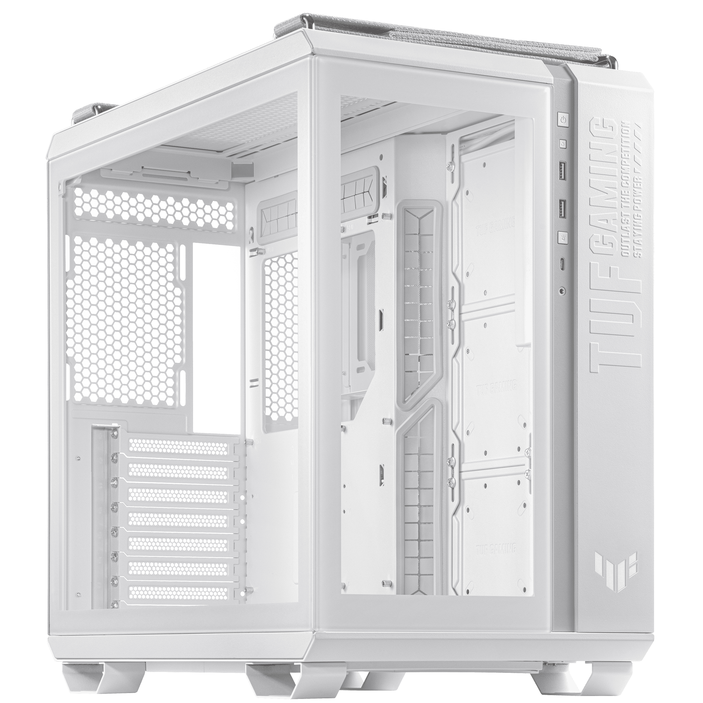 ASUS TUF Gaming GT502 ATX Gaming case White, Dual Chamber Chassis, Panoramic View, Tempered Glass front and side panel, Tool-Free side panels, Front Panel High-Speed USB Type-C