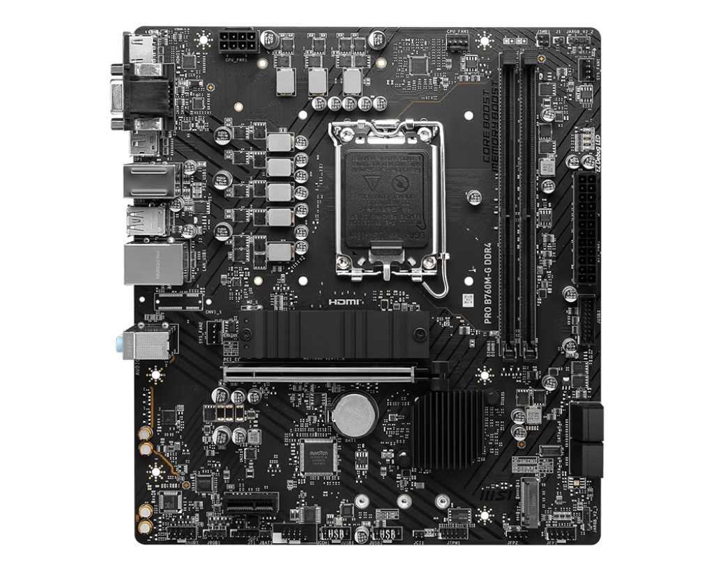 Tarjeta Madre MSI PRO B760M-G DDR4 - Socket 1700 - 2x DDR4 - 2133/3200/4800(OC)MHz - HDMI - VGA - DisplayPort - USB 2.0/3.2 - Micro ATX - PRO B760M-G DDR4