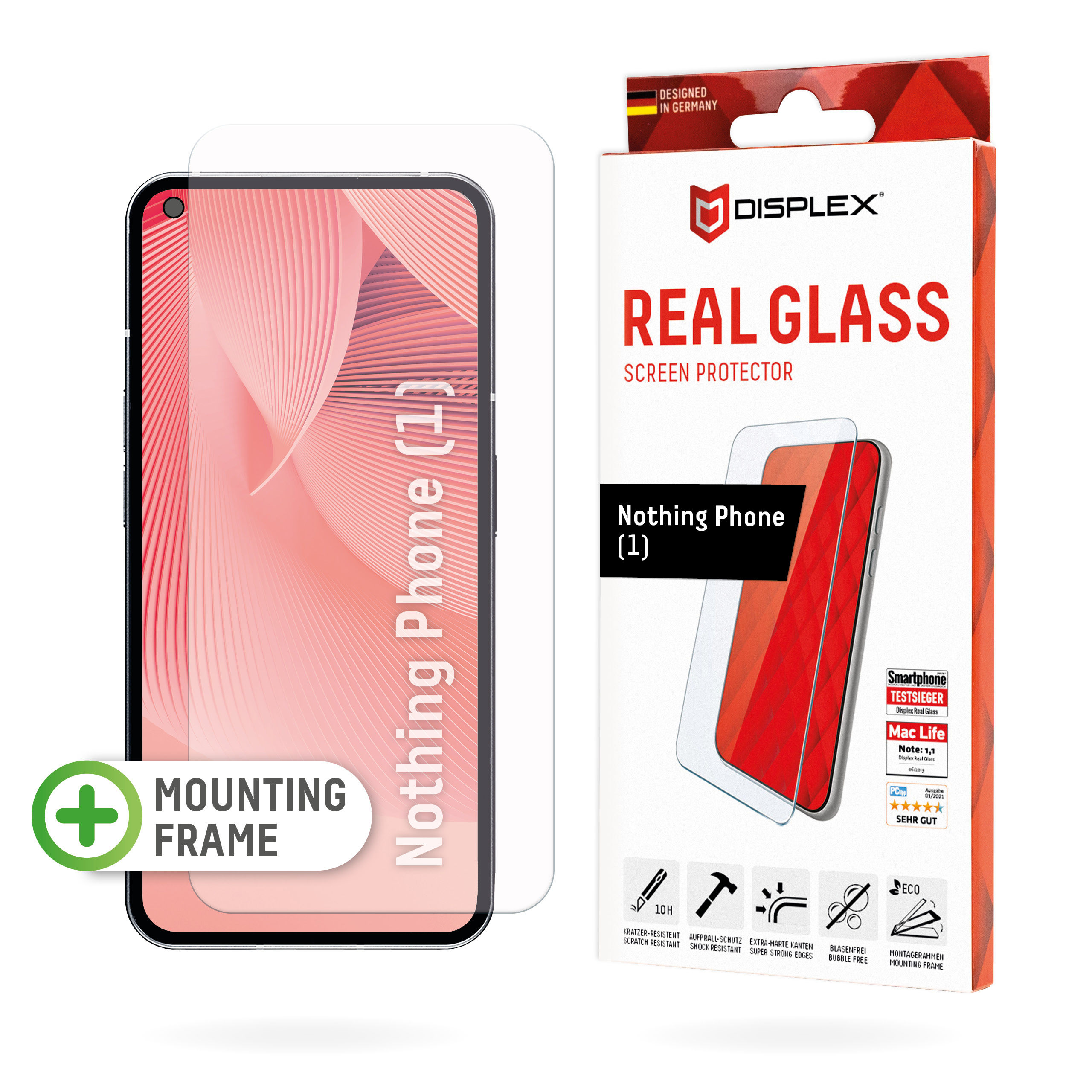 Displex Screen Protector (10H) for Phone (1), Eco Mounting Frame, Tempered Glass, scratch resistant protective film, case friendly