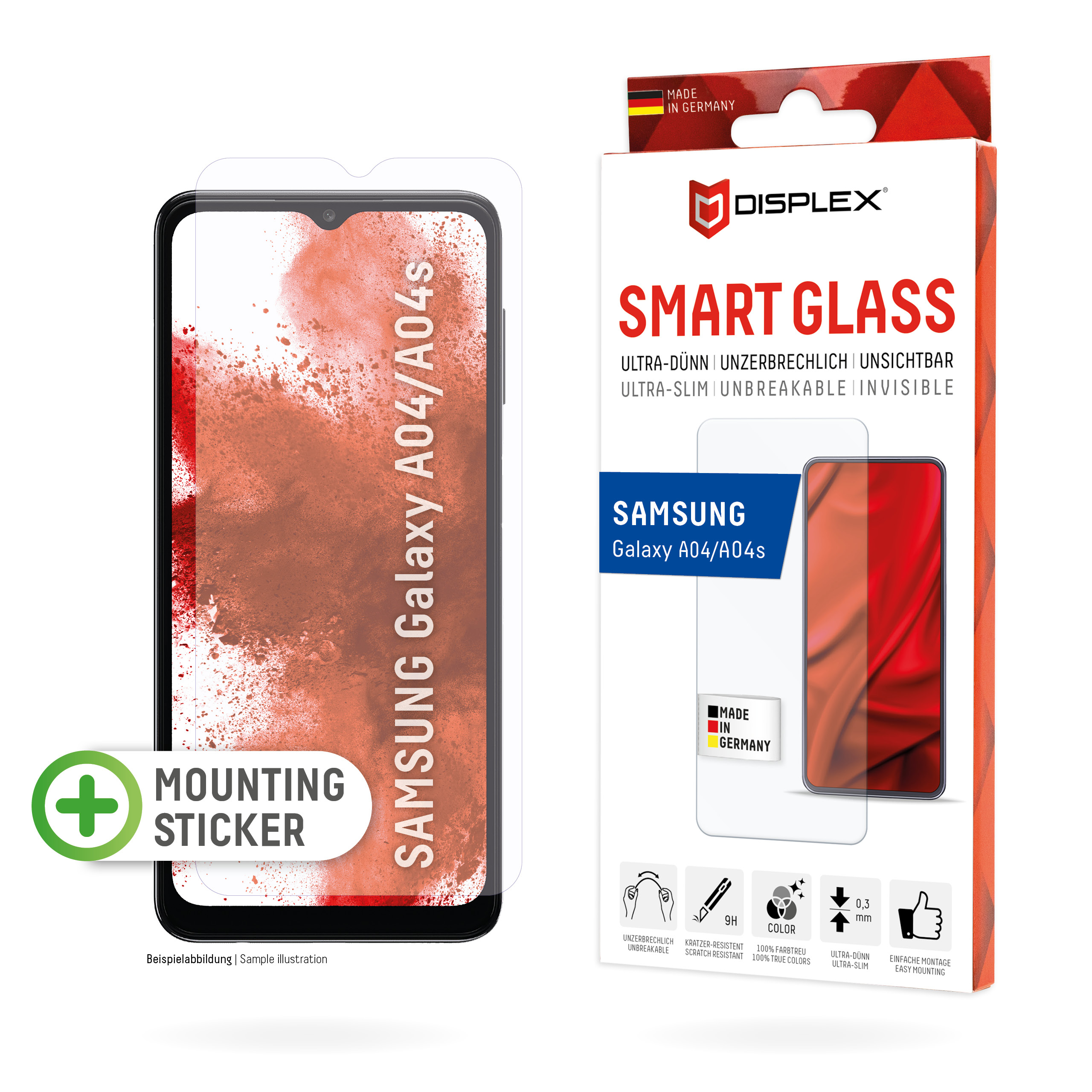 Displex Smart Glass (9H) for Samsung Galaxy A04/A04s, Mounting Sticker, unbreakable