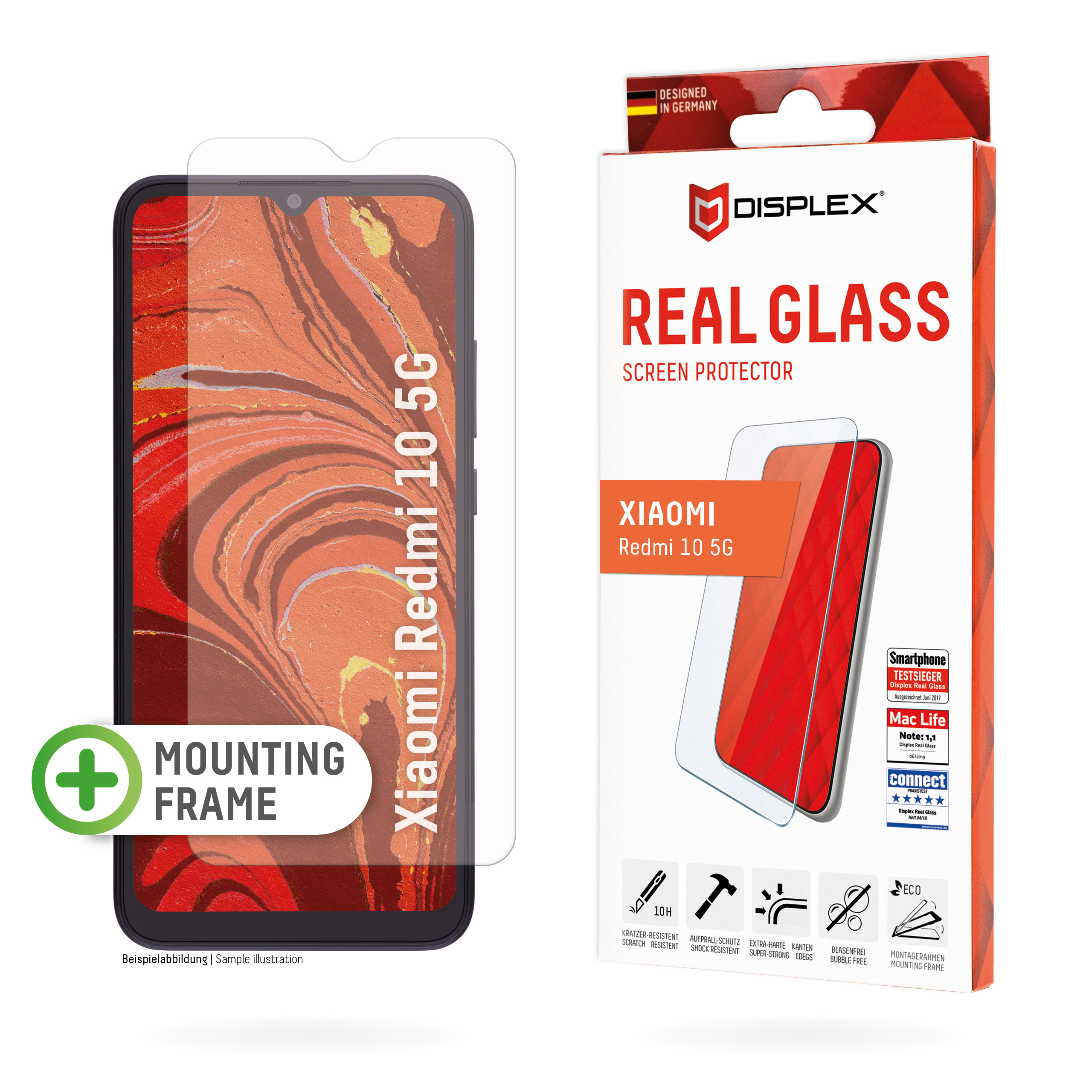 Displex Screen Protector (10H) for Xiaomi Redmi 10 5G, Eco Mounting Frame, Tempered Glass, scratch resistant protective film, case friendly