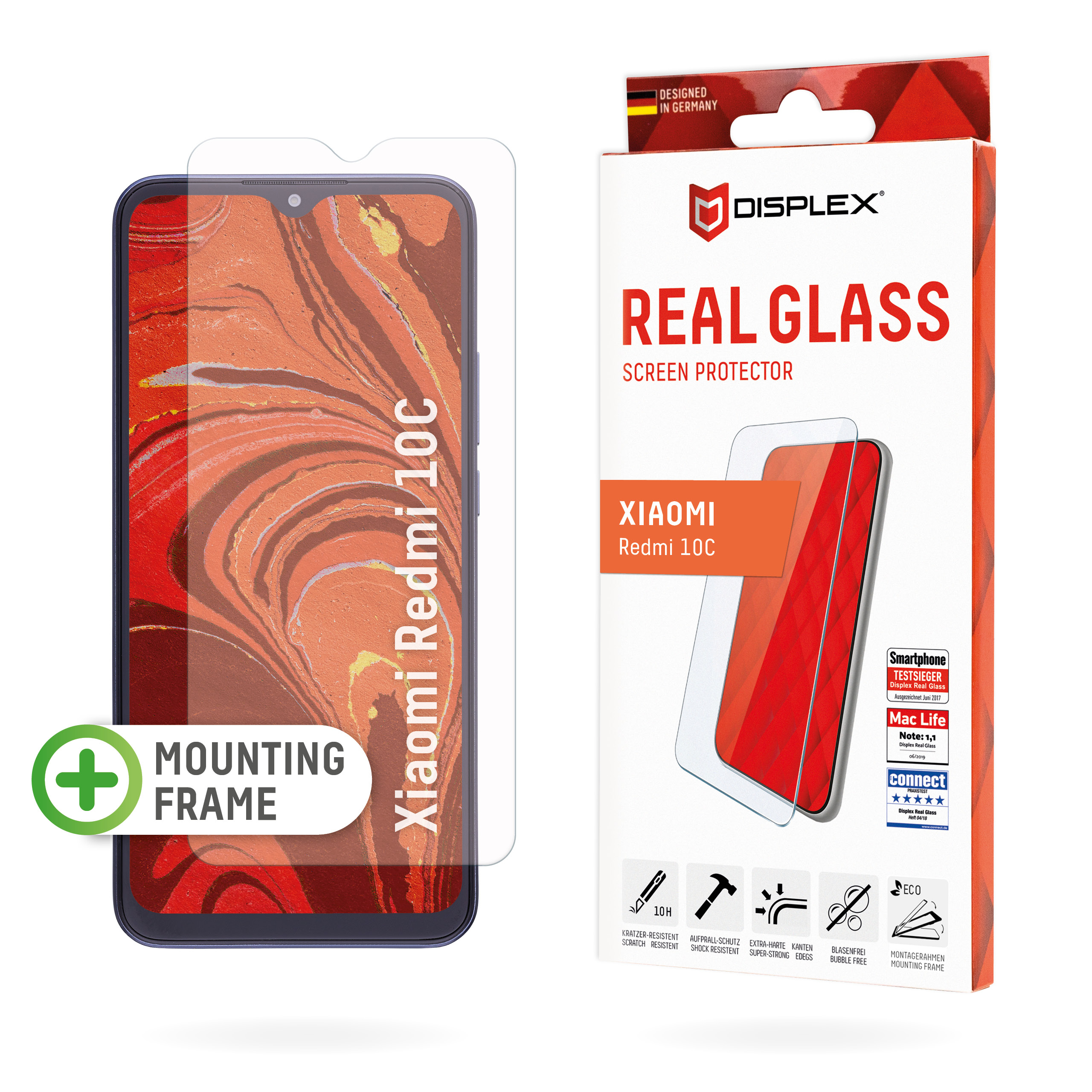 Displex Screen Protector (10H) for Xiaomi Redmi 10C, Eco Mounting Frame, Tempered Glass, scratch resistant protective film, case friendly