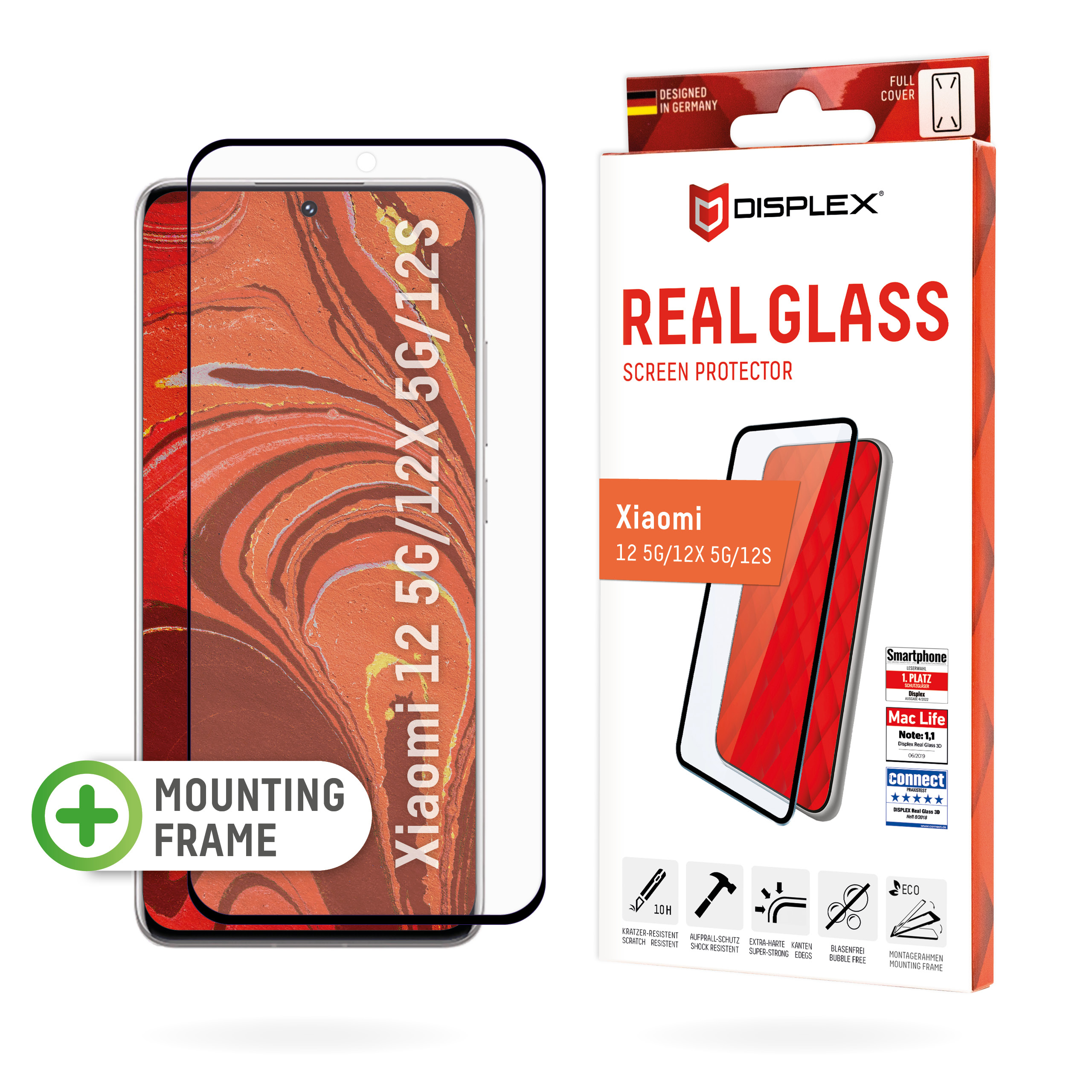 Displex Full Cover Screen Protector (10H) for Xiaomi 12 5G/12X 5G/12S, Eco Mounting Frame, full screen coverage, Tempered Glass, scratch resistant protective film, case friendly