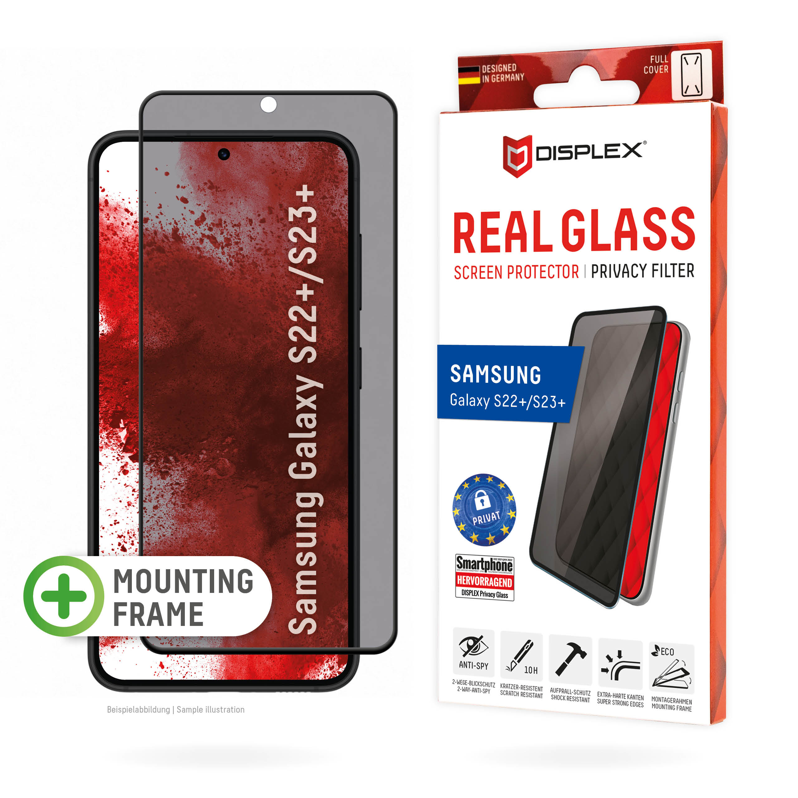 Displex Privacy Screen Protector (10H) for Samsung Galaxy S22+/S23+, Eco Mounting Frame, Privacy Filter