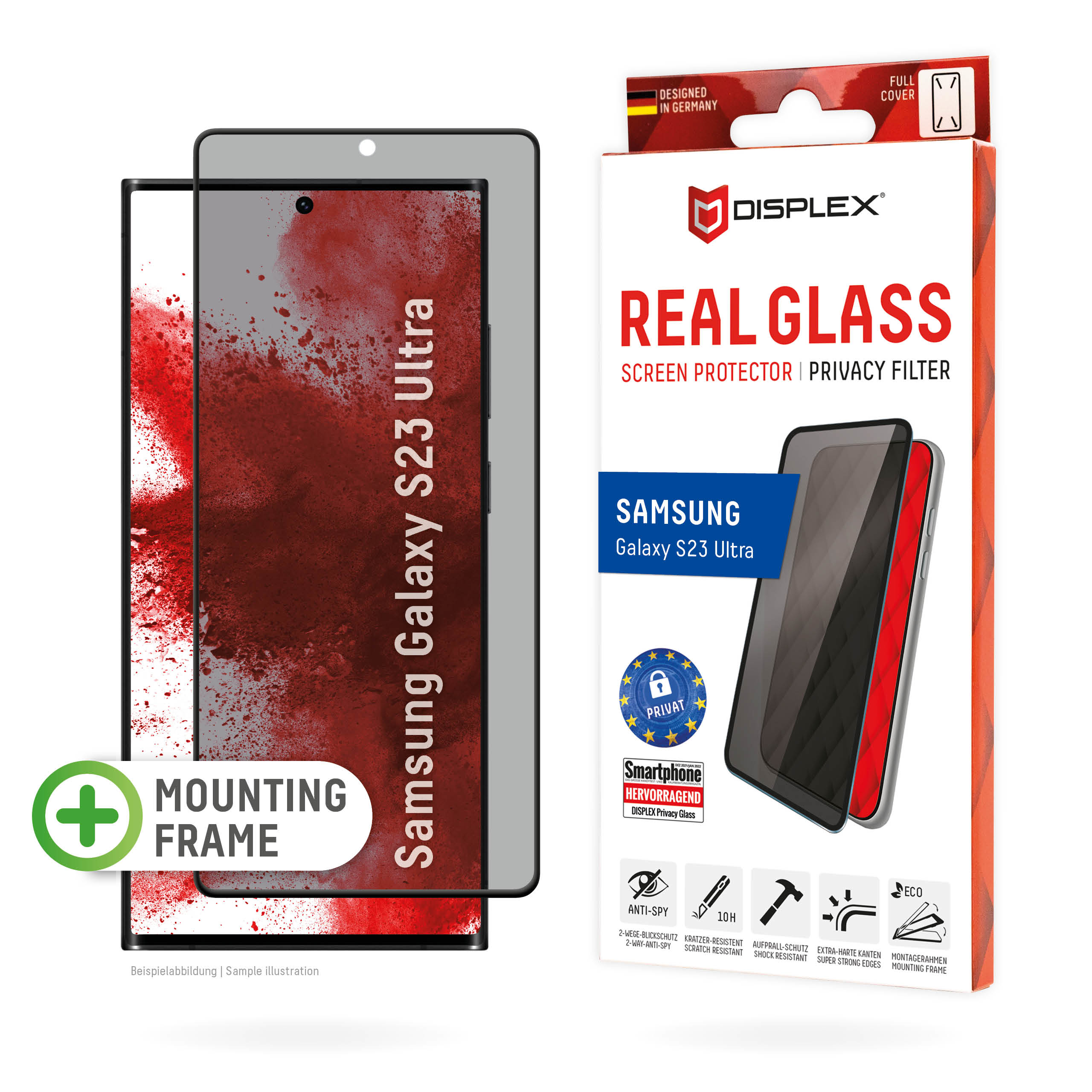 Displex Privacy Screen Protector (10H) for Samsung Galaxy S23 Ultra, Eco Mounting Frame, Privacy Filter