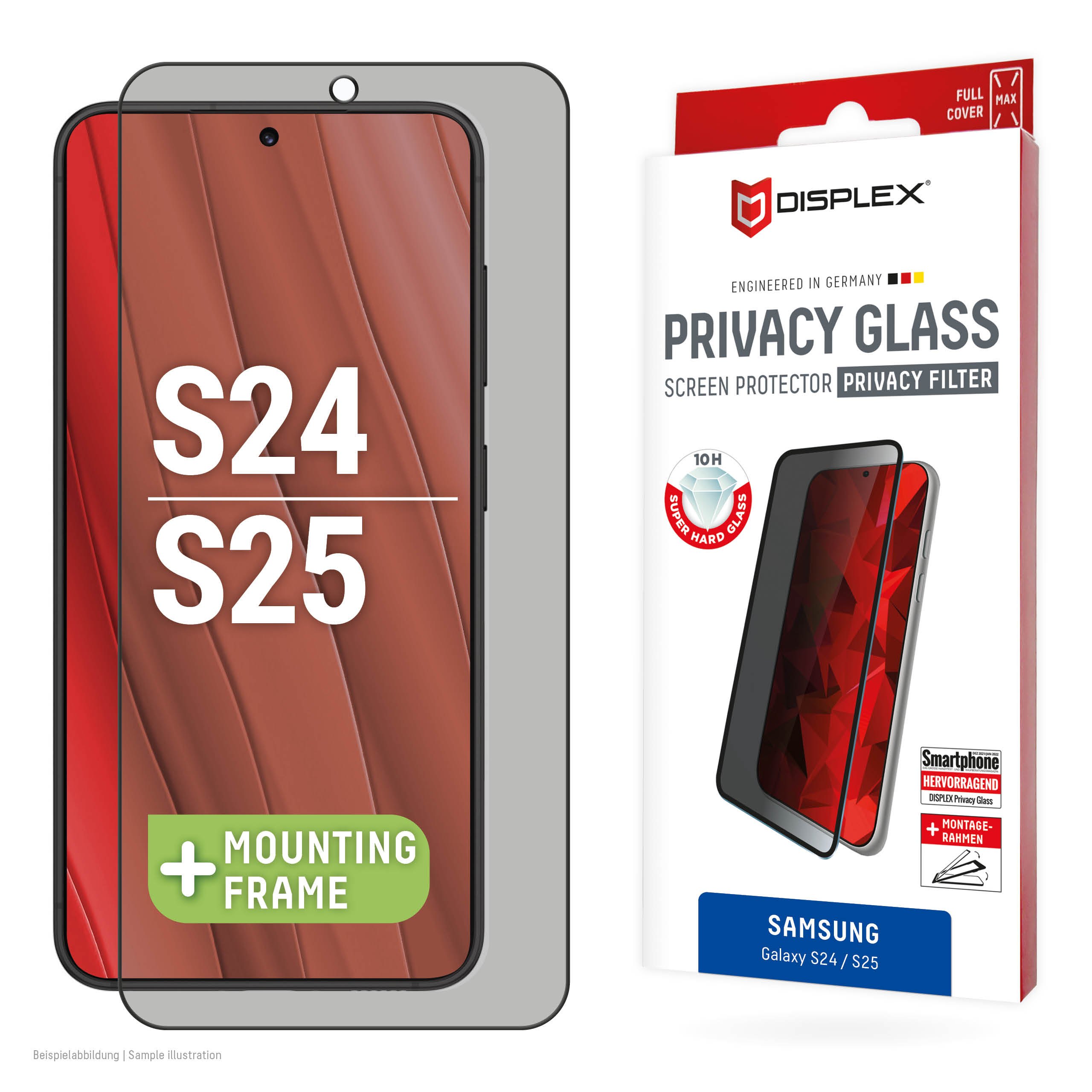 Displex Privacy Screen Protector (10H) for Samsung Galaxy S24/S25, Eco Mounting Frame, Privacy Filter