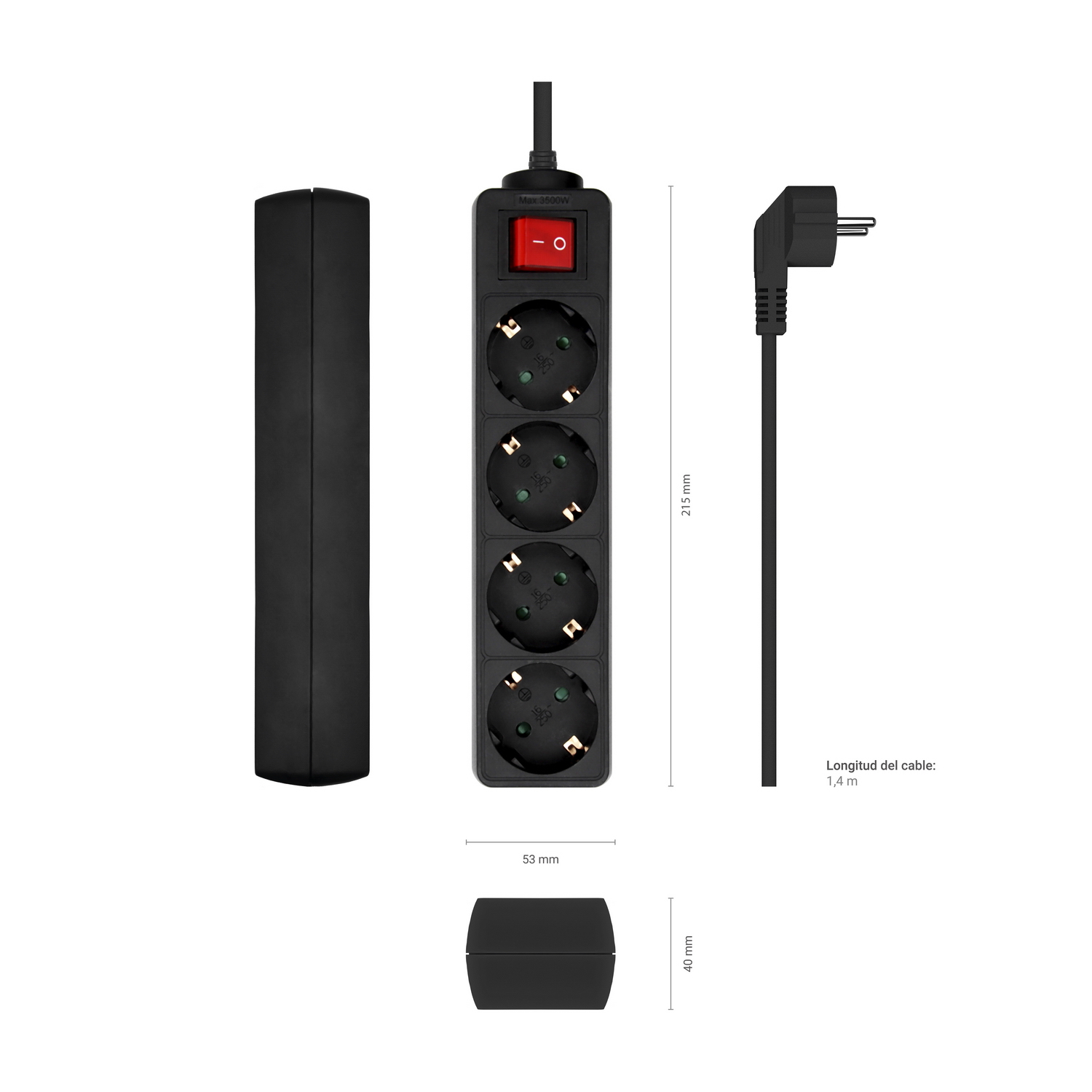 Resim AISENS A154-0650 Güç Splitter, 4x Tip F Priz, 1.4m Kablo, Siyah