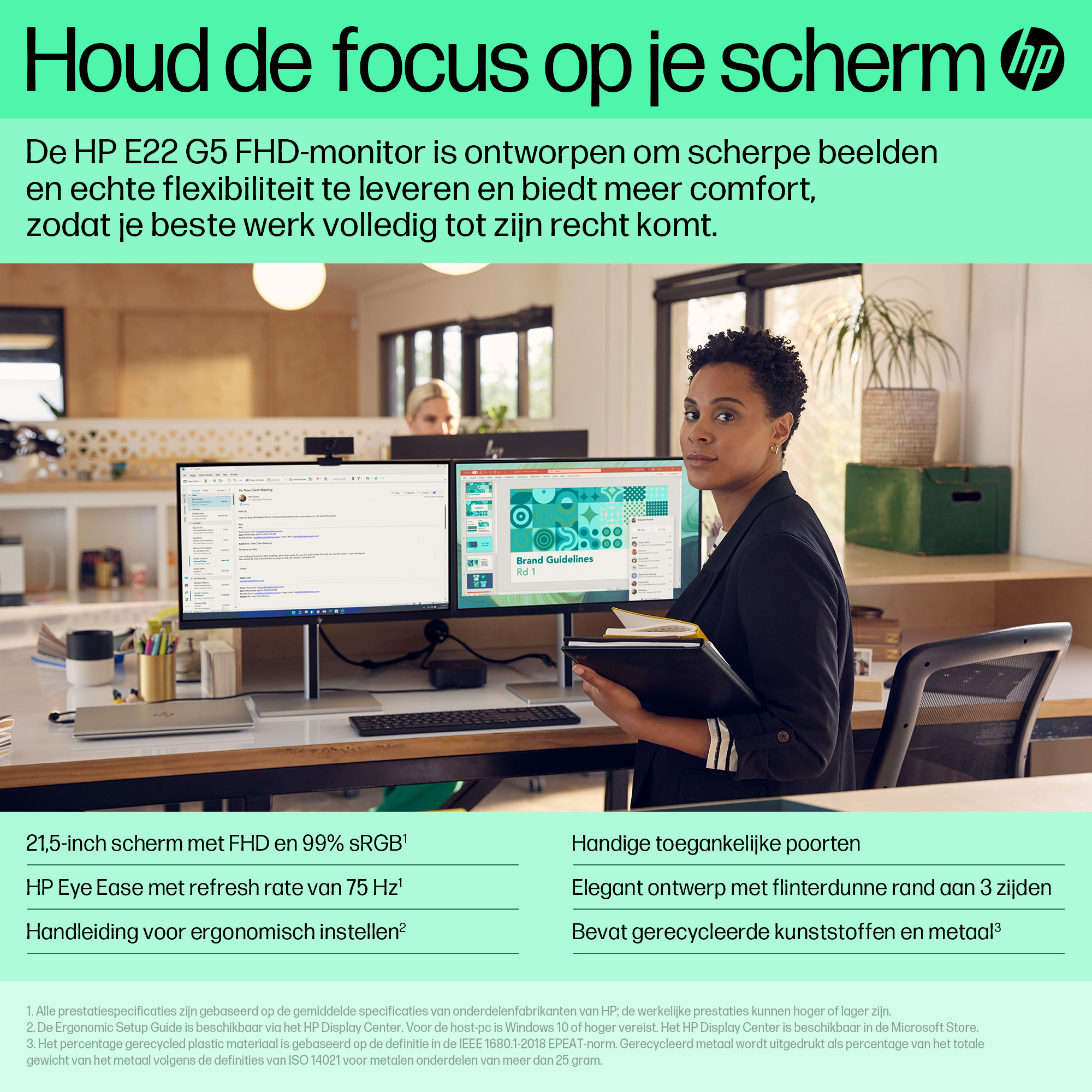 HP E-Series E22 G5 FHD Monitor. Display diagonal: 54.6 cm (21.5"), HD type: Full HD, Display technology: LCD, Display surf