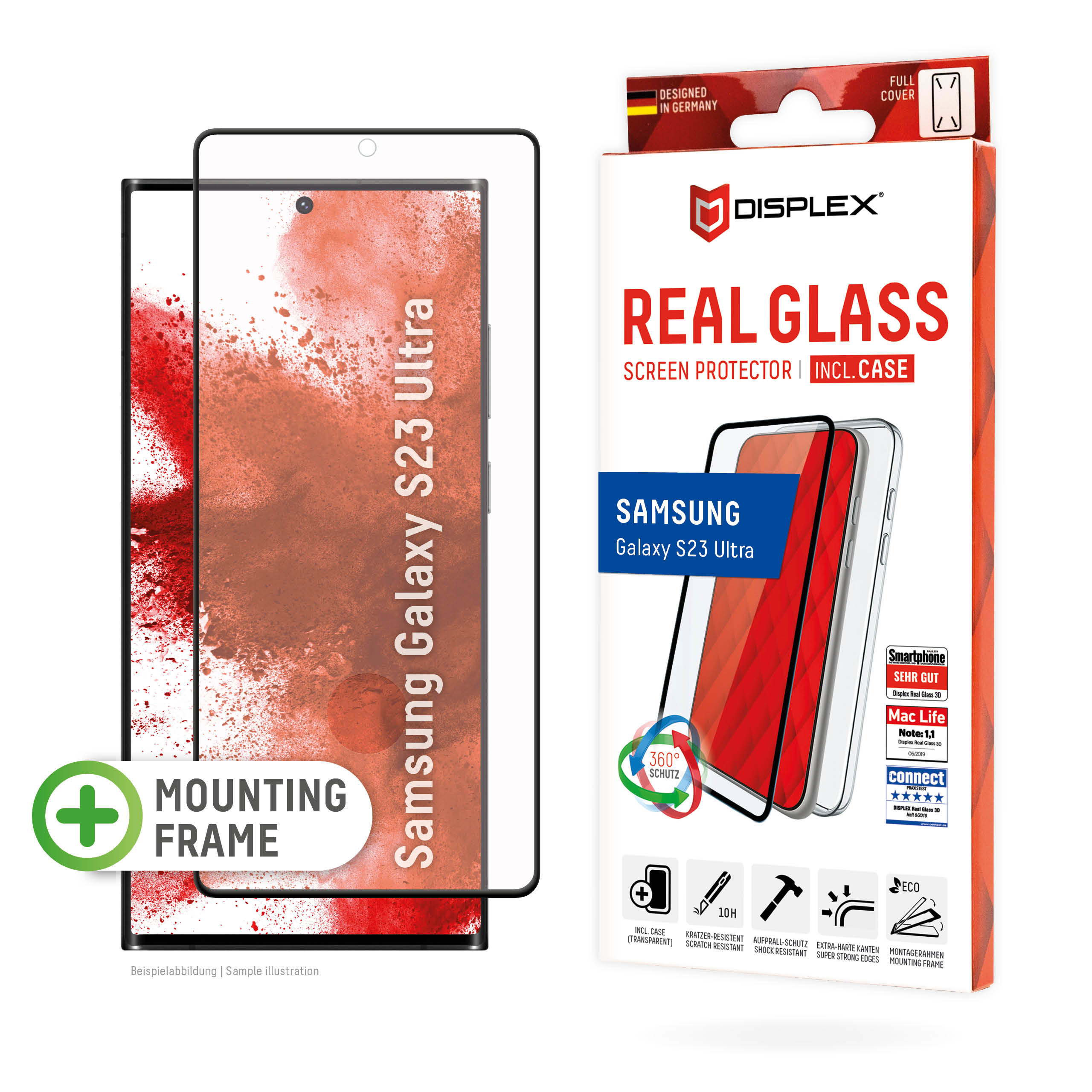 Displex Screen Protector + Case for Samsung Galaxy S23 Ultra, Eco Mounting Frame, Full Cover