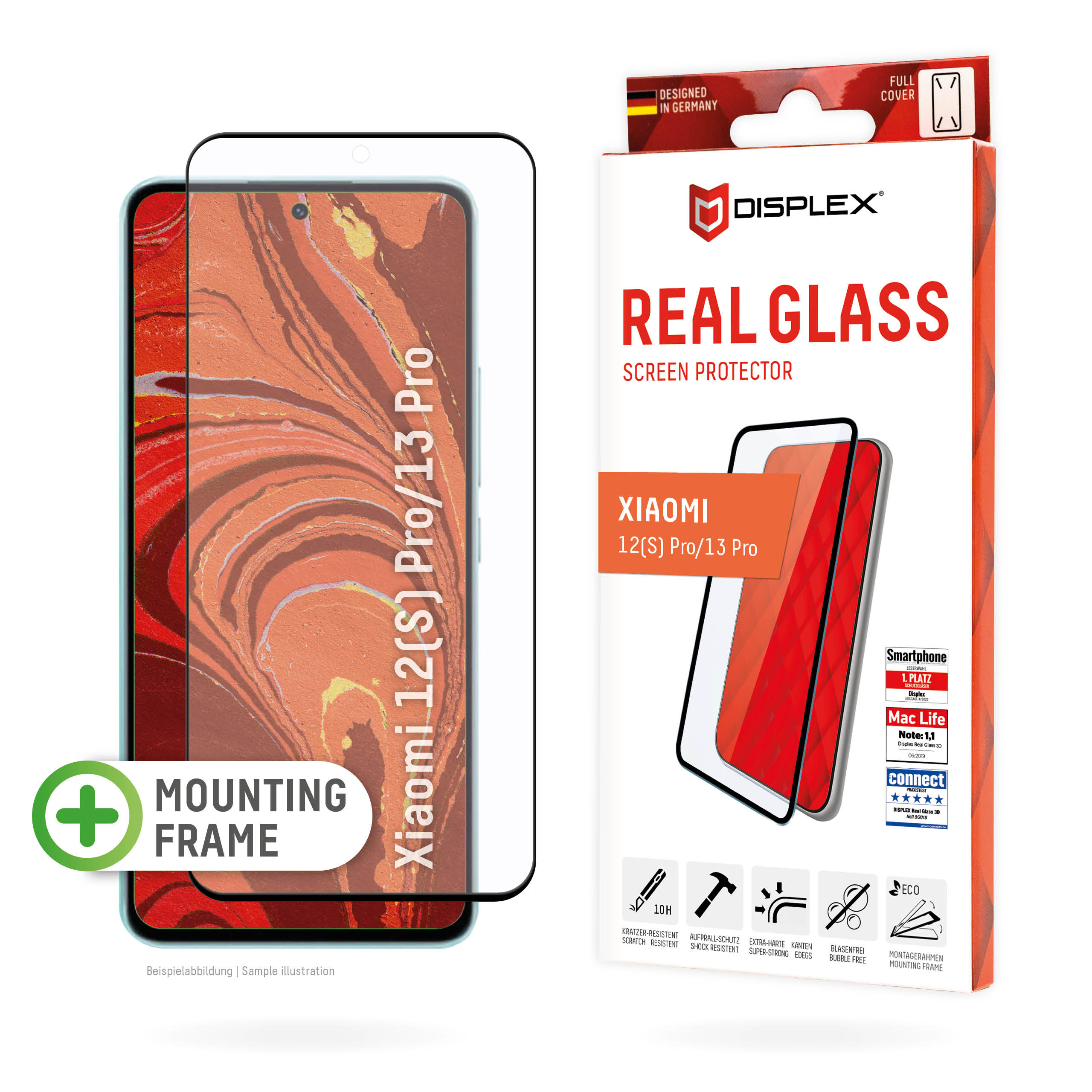 Displex Full Cover Screen Protector (10H) for Xiaomi 12(S) Pro/ 13 Pro, Eco Mounting Frame, Full Cover
