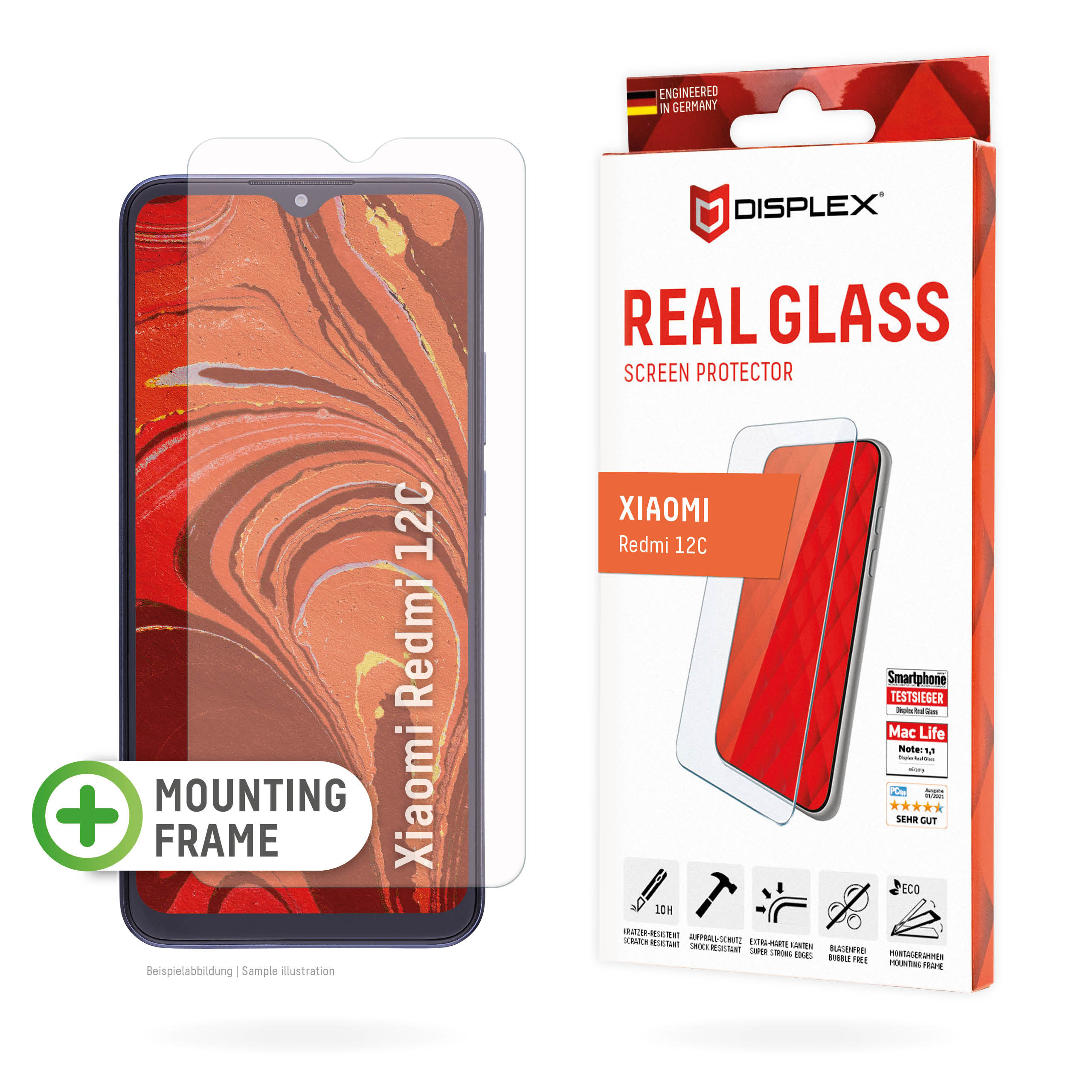 Displex Screen Protector (10H) for Xiaomi Redmi 12C, Eco Mounting Frame, scratch resistant