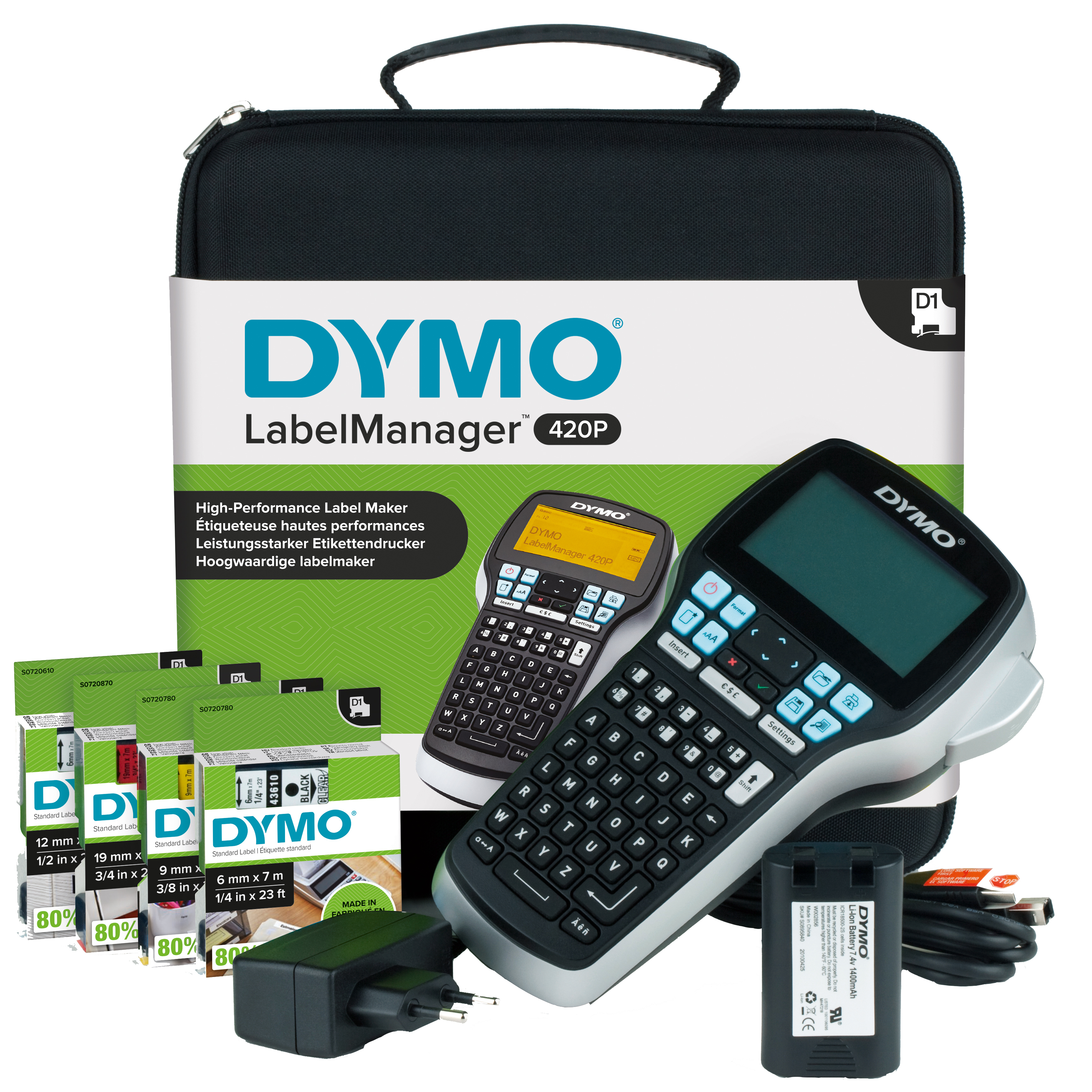 DYMO LabelManager LabelManager420P Étiqueteuse portable rechargeable | hautes performances avec connexion PC/Mac | Clavier ABC avec Malette de Transport et 4 Ruban D1