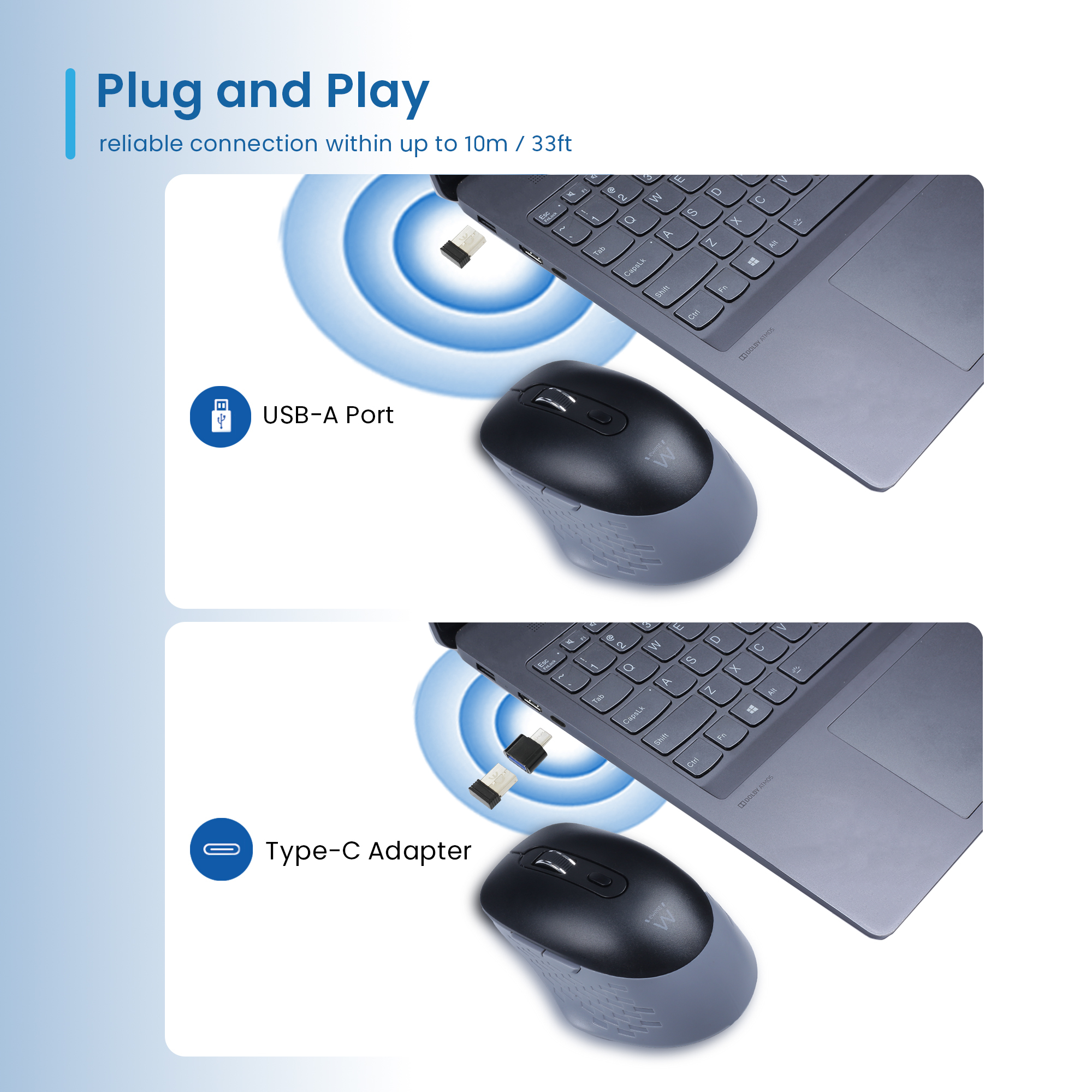 Ewent Wireless optical mouse with Multi-device connectivity, Silent clicks and Type-C Adapter – image 2