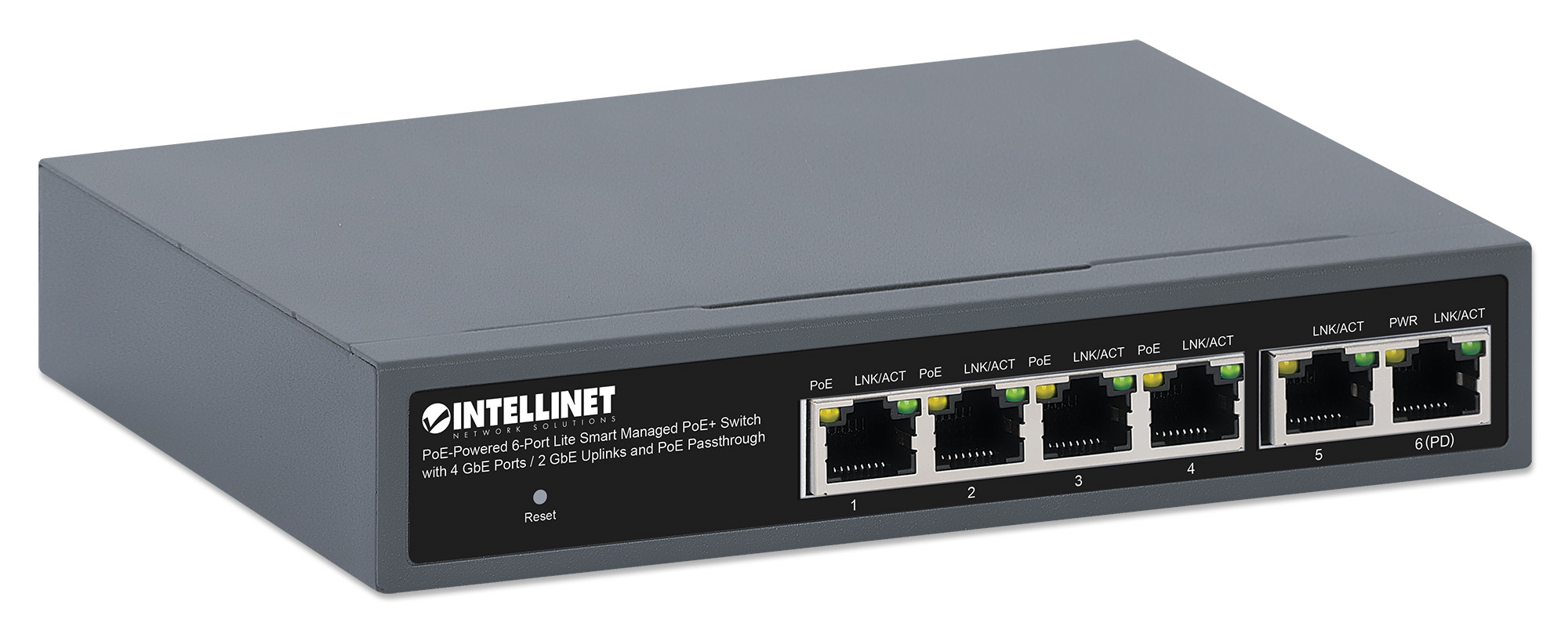 Intellinet PoE-Powered 6-Port Lite Smart Managed PoE+ Switch with 4 GbE Ports / 2 GbE Uplinks and PoE Passthrough (with UK power cord) – image 2