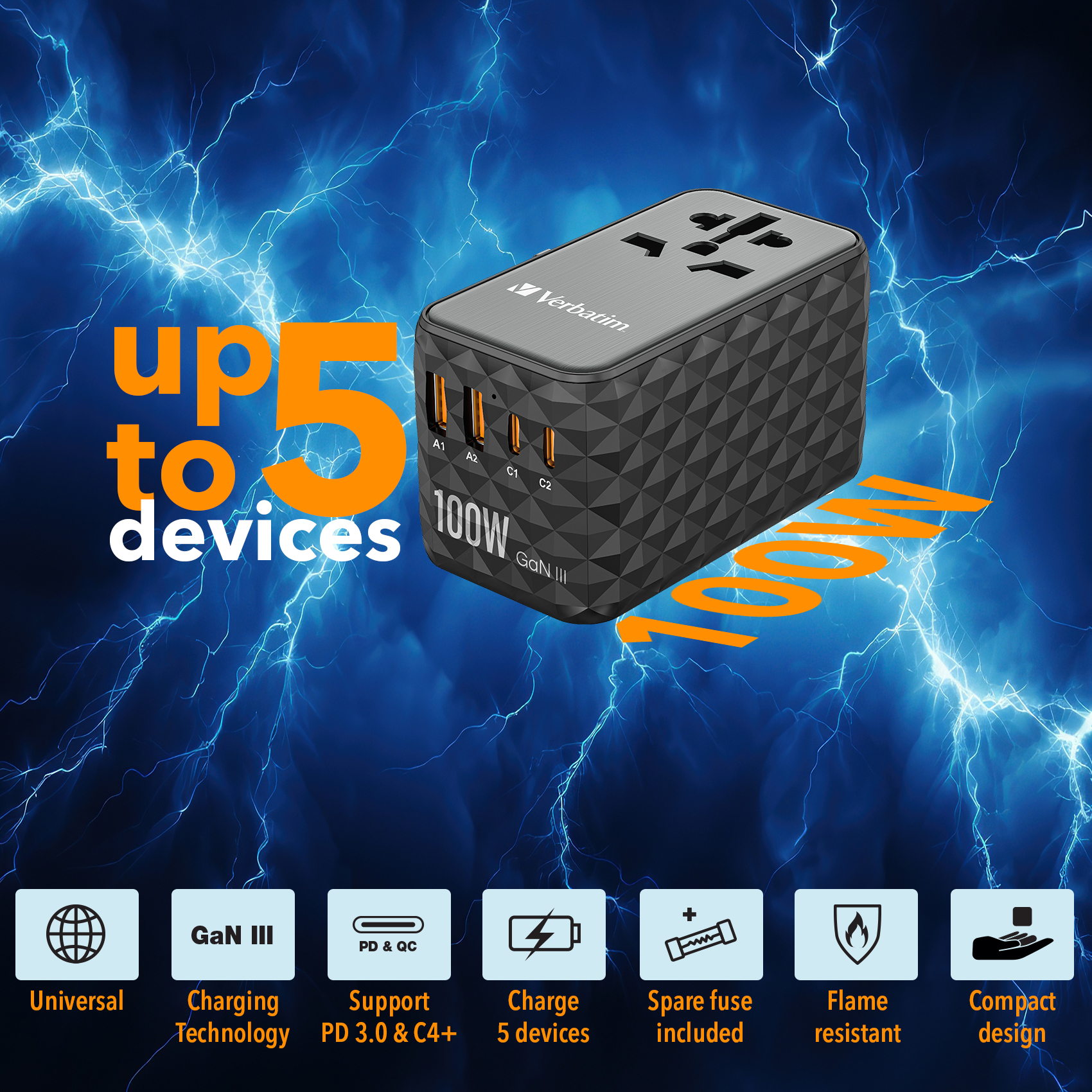 Verbatim UTA-06 100W GaN III Universal Travel Adapter with 2 x USB-C PD & QC 4+ & 2 x USB-A QC 3.0 ports – image 2