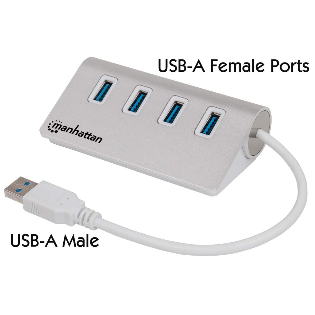 Manhattan USB-A 4-Port Hub, 4x USB-A Ports, 5 Gbps (USB 3.2 Gen1 aka USB 3.0), Bus Powered, Fast charging up to 0.9A, SuperSpeed USB, Aluminium Housing, Windows