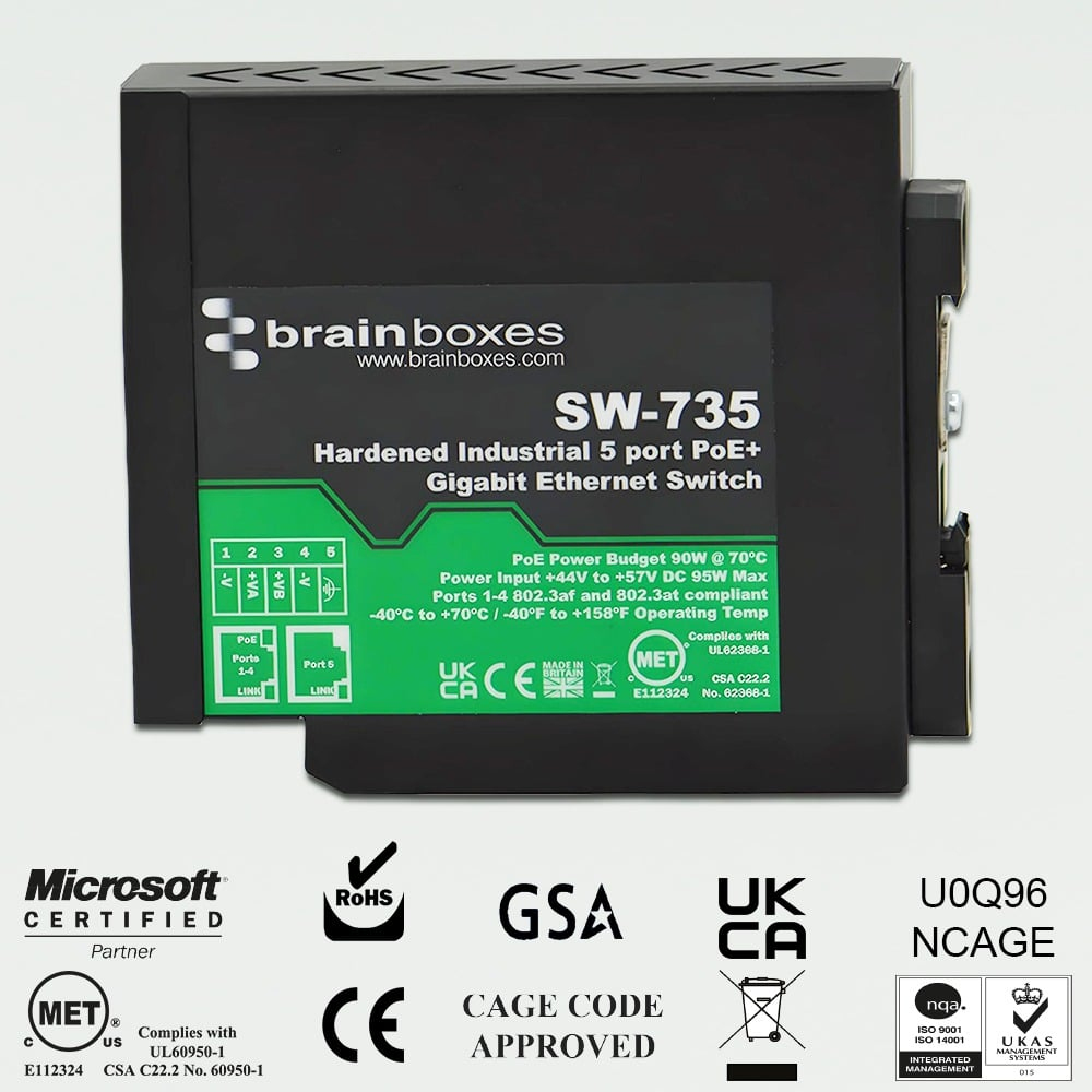 Brainboxes Hardened Industrial 5 Port PoE+ Gigabit Ethernet Switch – image 2