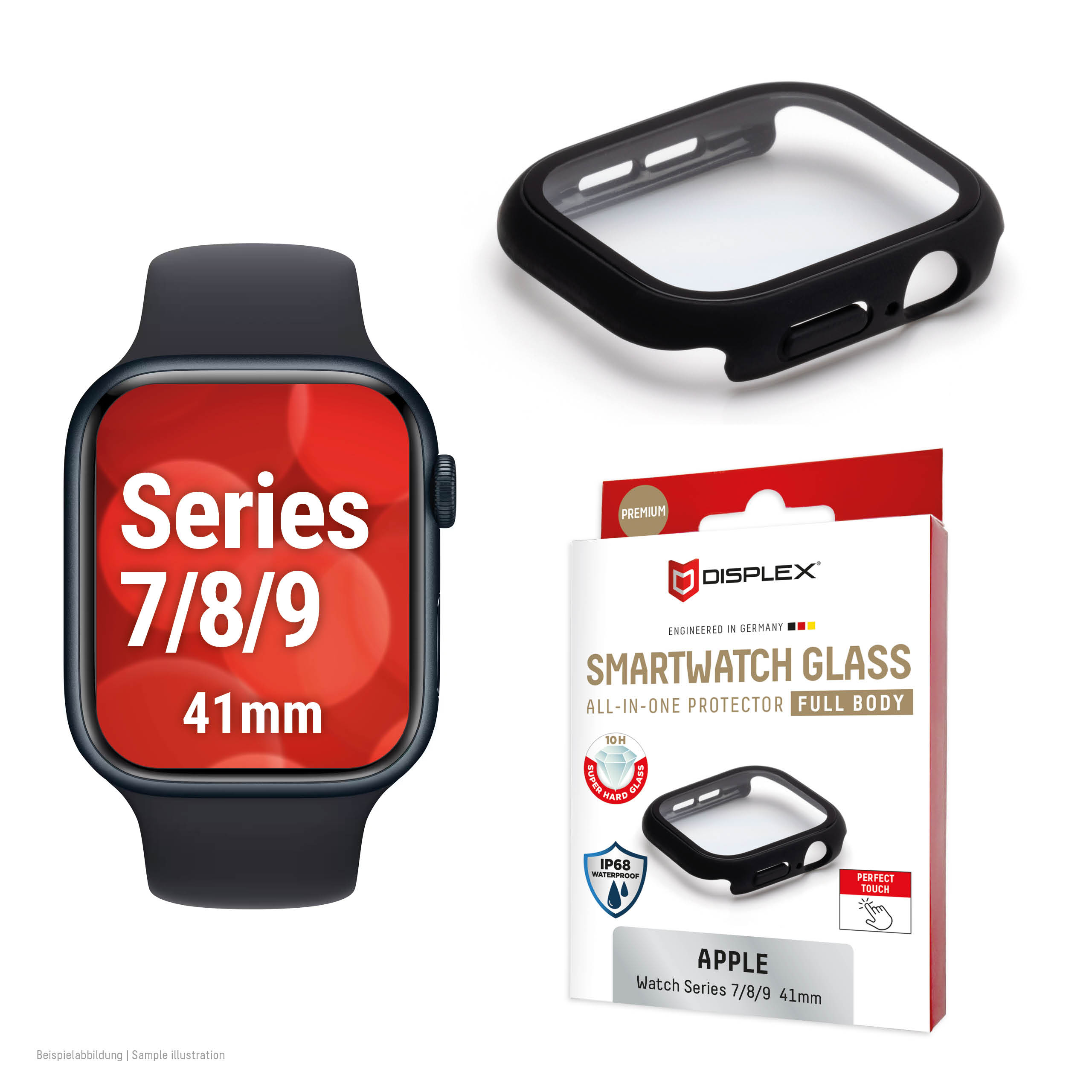 Displex 10H Tempered Glass for Apple Watch 9/8/7 (41mm), Full Body Case, IP68, Snap-On, black frosted