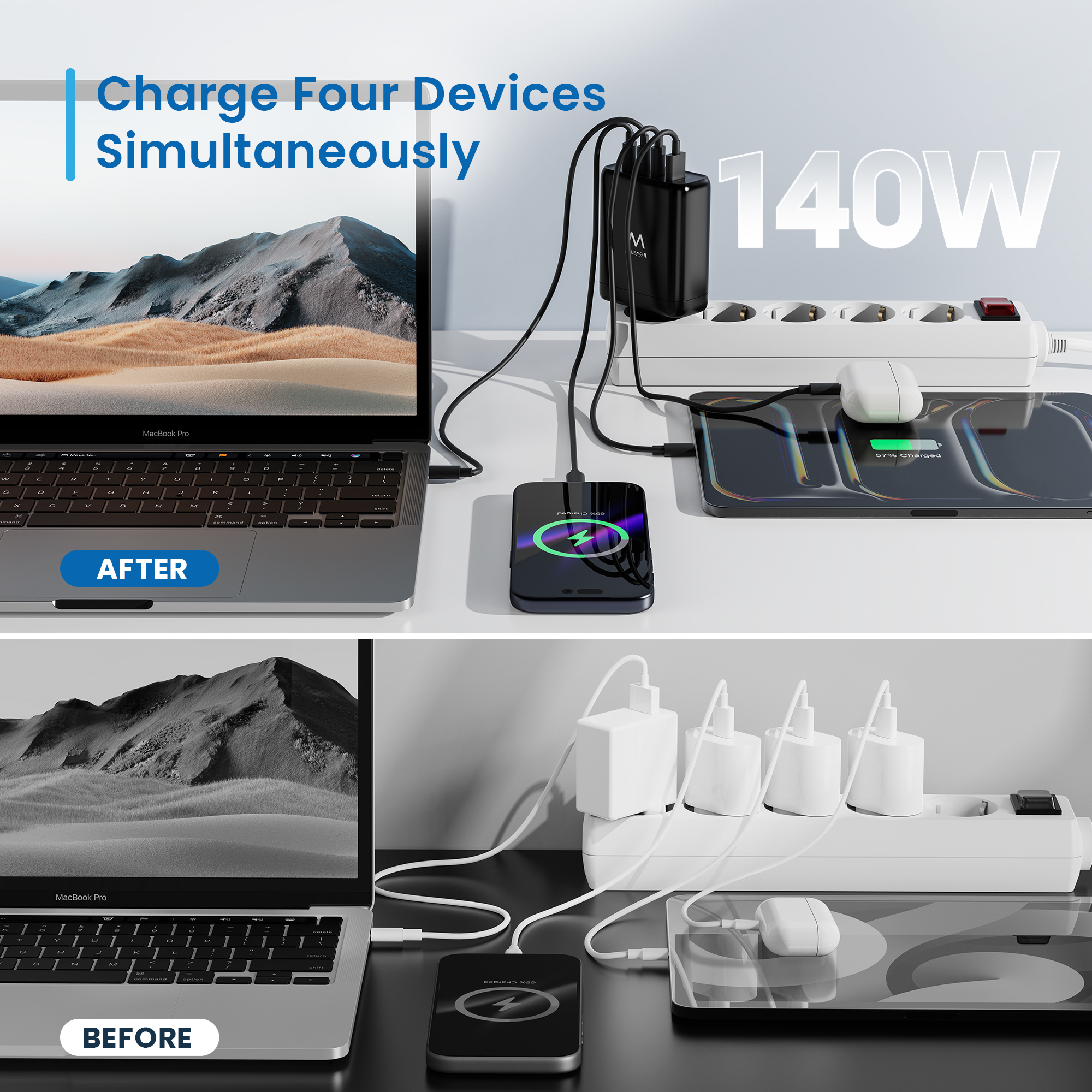 Ewent 140W GaN Fast 4-port (3 USB-C PD and 1 USB-A QC) charger Compact Design with 2m USB-C Cable – image 3
