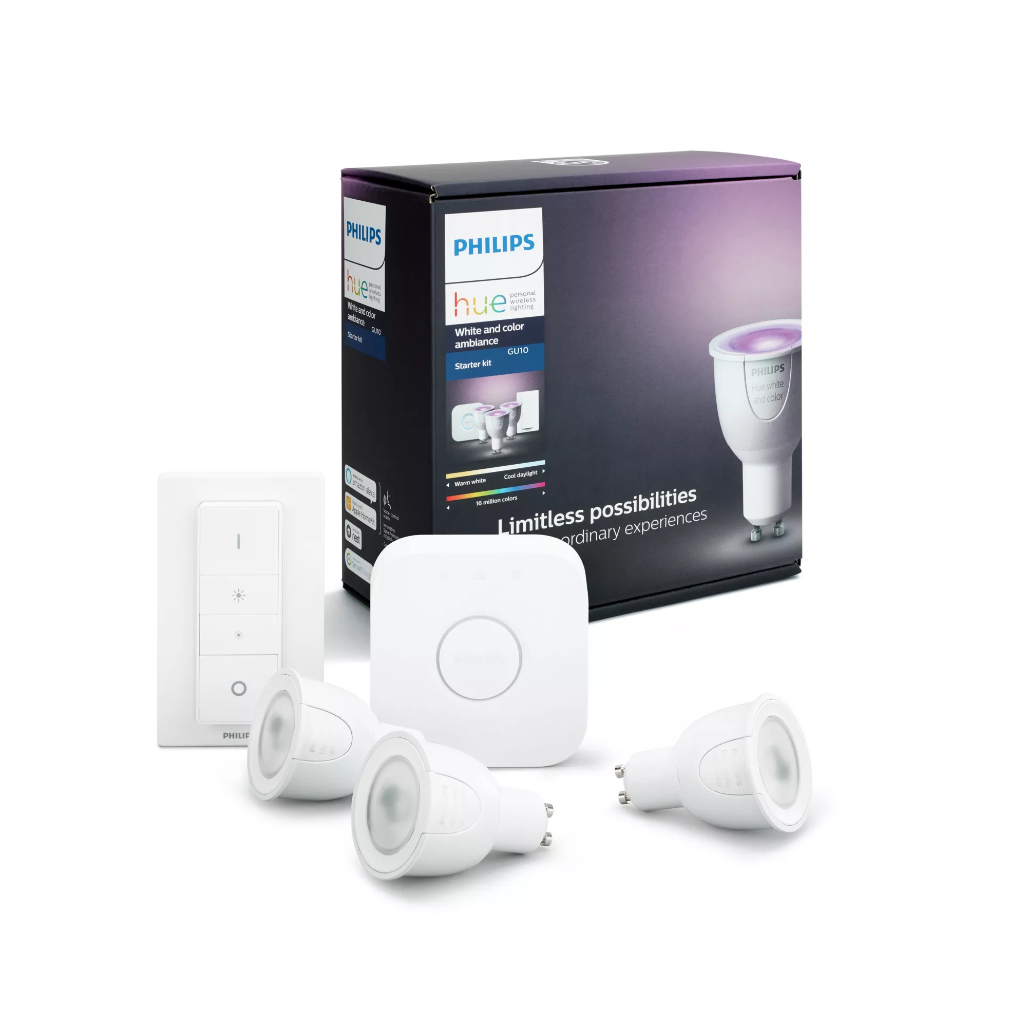 Philips Hue White and Colour Ambiance GU10 Akıllı Ampul Starter Kit, Zigbee, Beyaz, 16 Milyon Renk, 2000K-6500K, 250 Lümen, 6.5W
