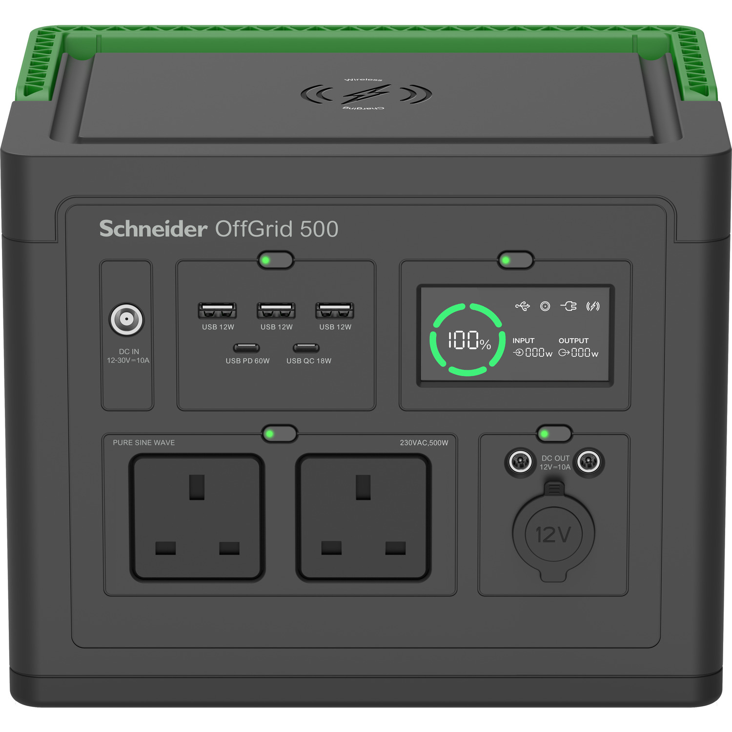 Schneider OffGrid 500 - Portable power station - LCD, 2 BS1363 outlets, sinewave, 3 USB-A, 2 USB-C, wireless charger - AC 195 - 265 / DC 12 -30 V - 500 Watt - Lithium Ion - 517 Wh - output connectors: 2 - United Kingdom - black, green