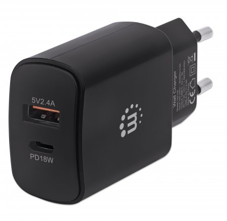 Manhattan Wall/Power Mobile Device Charger (Euro 2-pin), USB-C & USB-A ports, USB-C up to – image 1