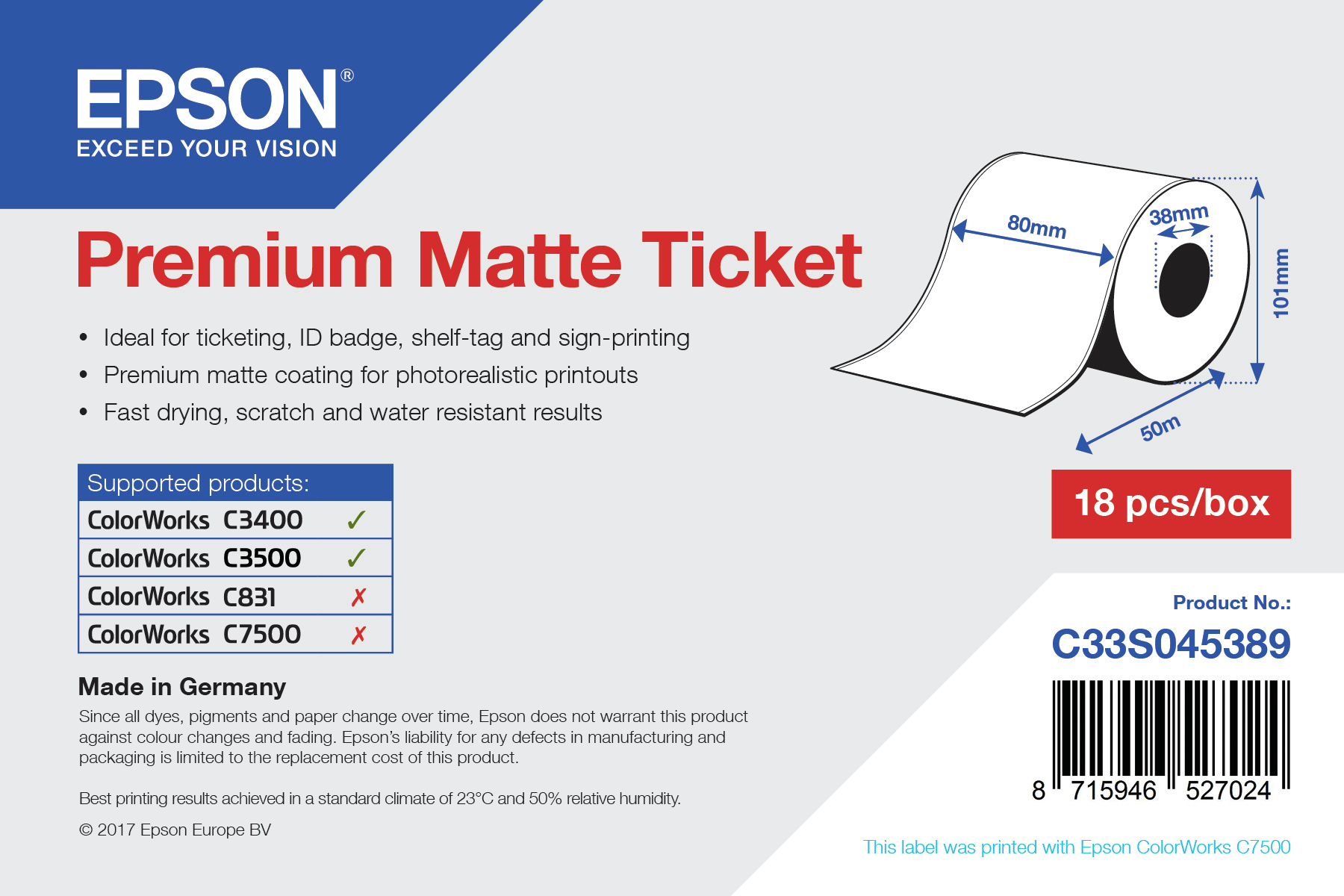 Epson Premium Matte Ticket rulle, 80 mm x 50 m