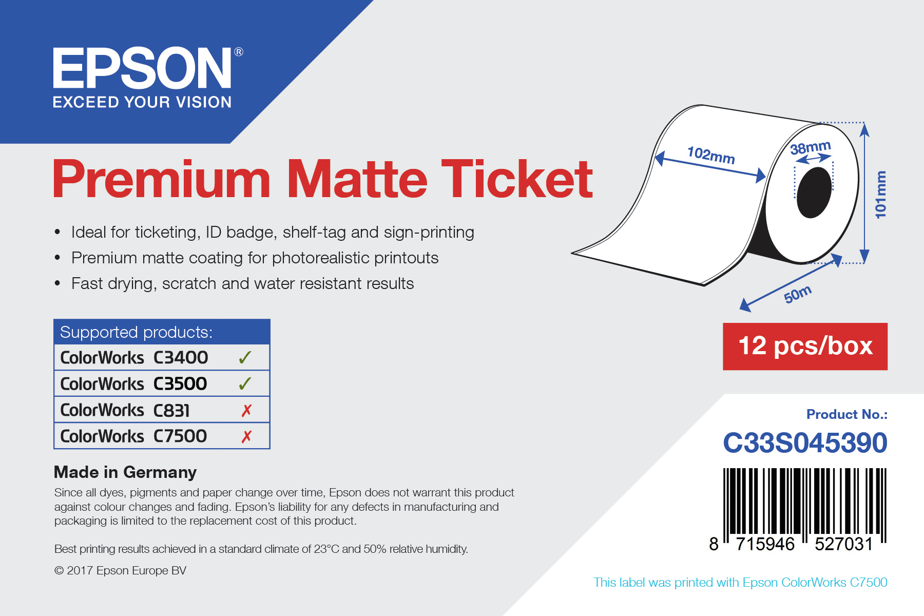 Epson Premium Matte Ticket rulle, 102 mm x 50 m